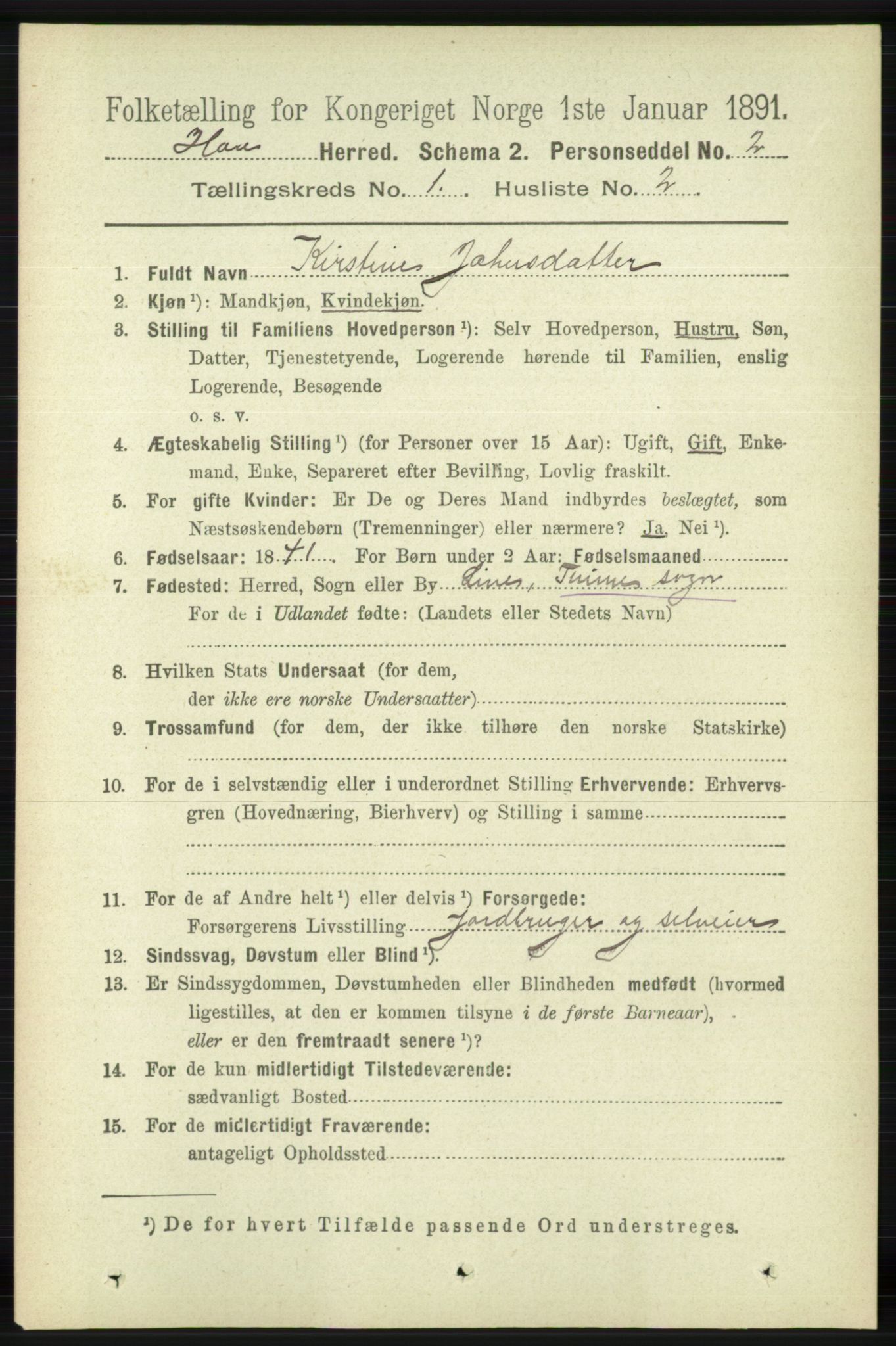 RA, 1891 census for 1119 Hå, 1891, p. 92