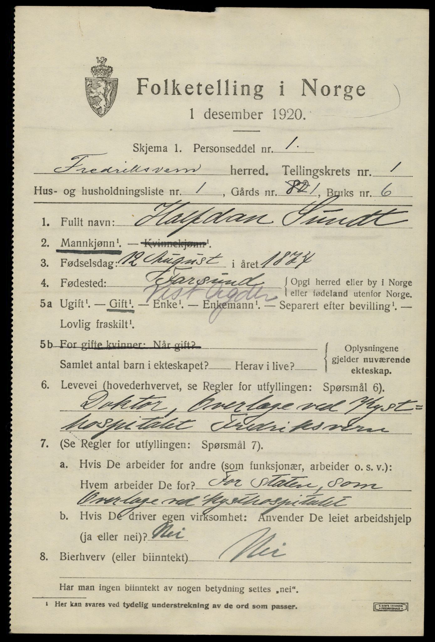 SAKO, 1920 census for Fredriksvern, 1920, p. 377