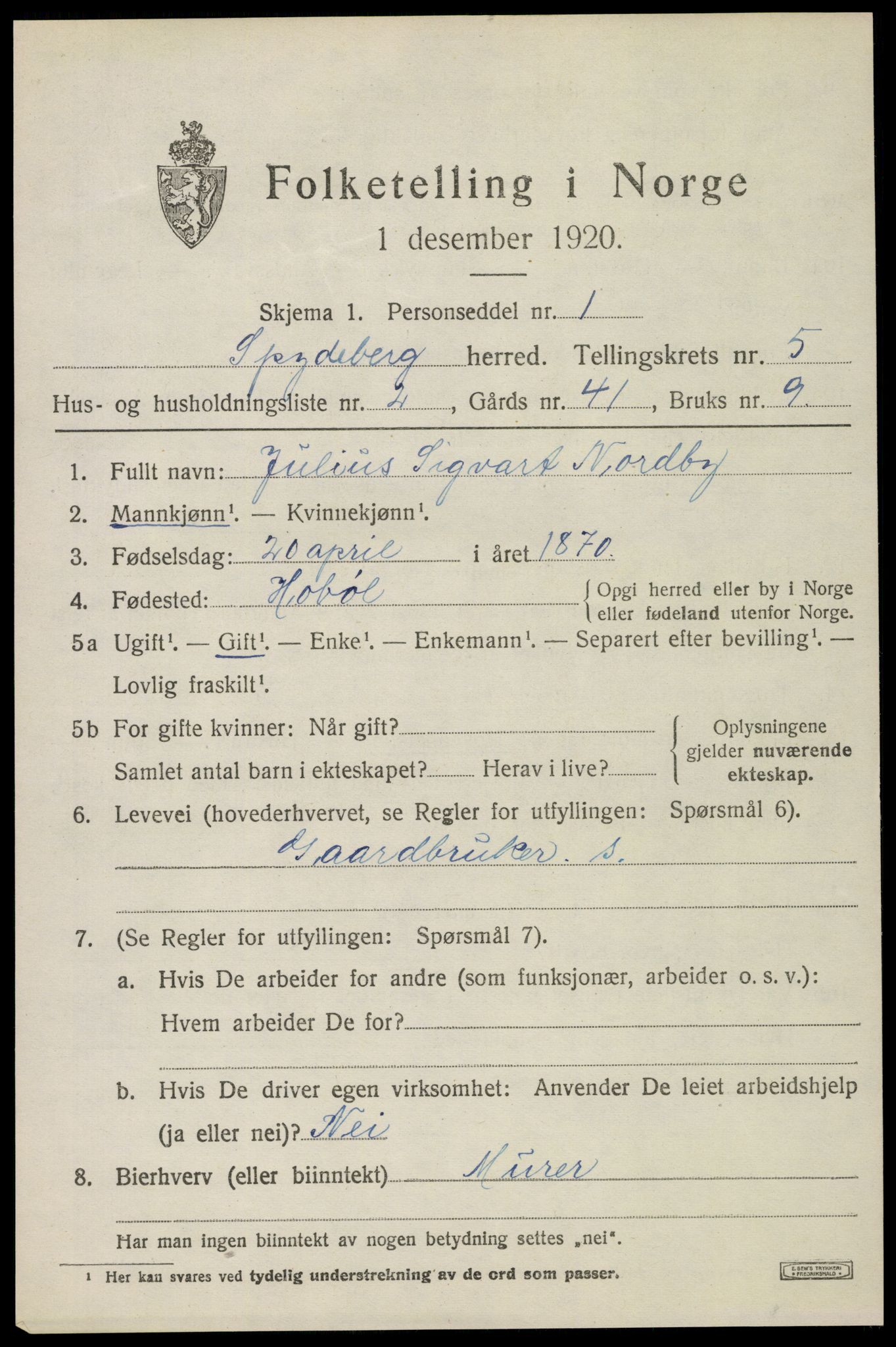 SAO, 1920 census for Spydeberg, 1920, p. 6145