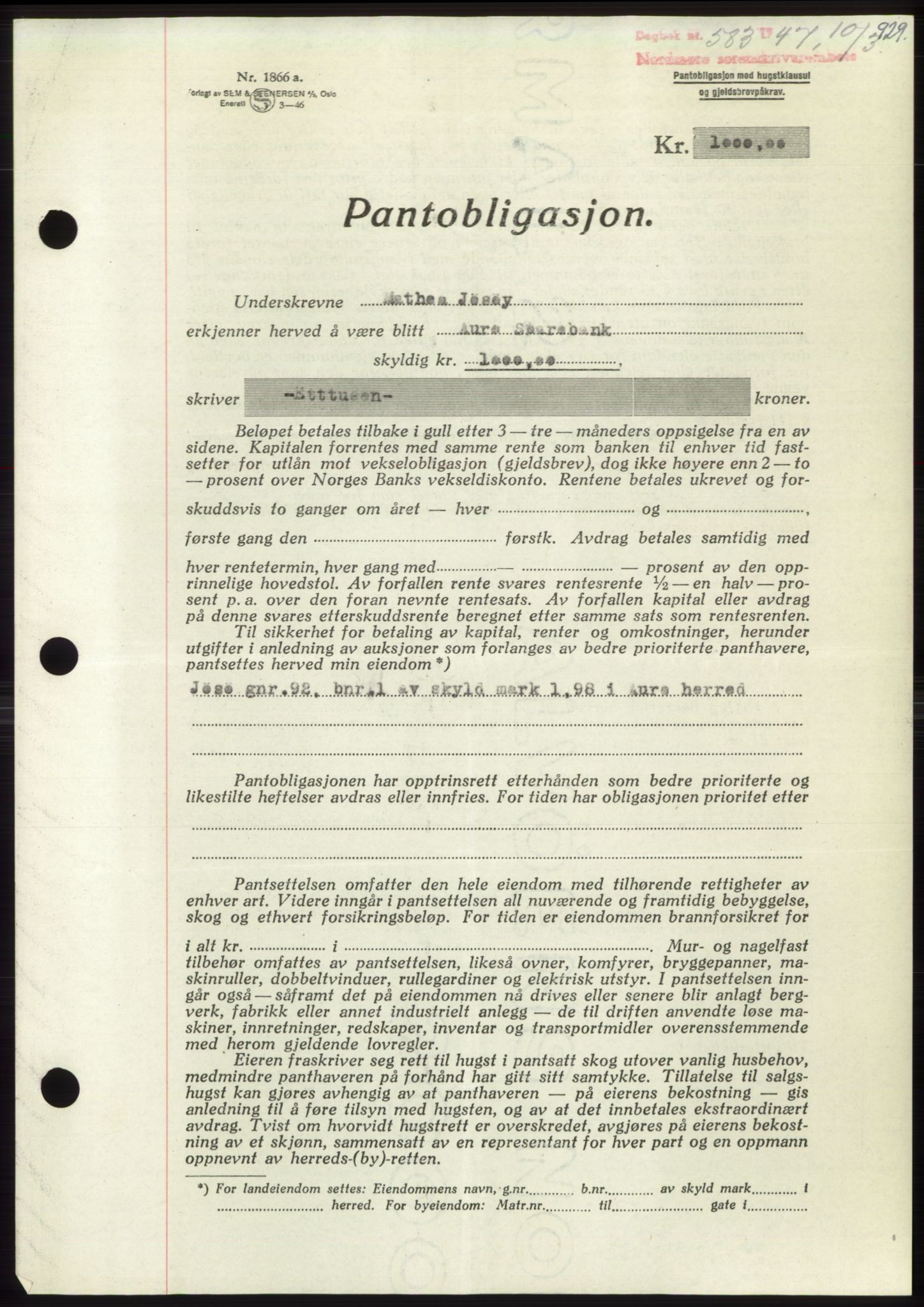 Nordmøre sorenskriveri, AV/SAT-A-4132/1/2/2Ca: Mortgage book no. B95, 1946-1947, Diary no: : 583/1947