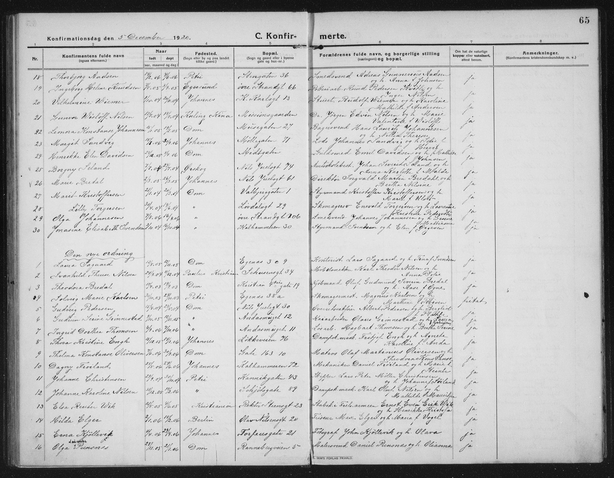 Domkirken sokneprestkontor, AV/SAST-A-101812/002/A/L0019: Parish register (official) no. A 35, 1916-1932, p. 65