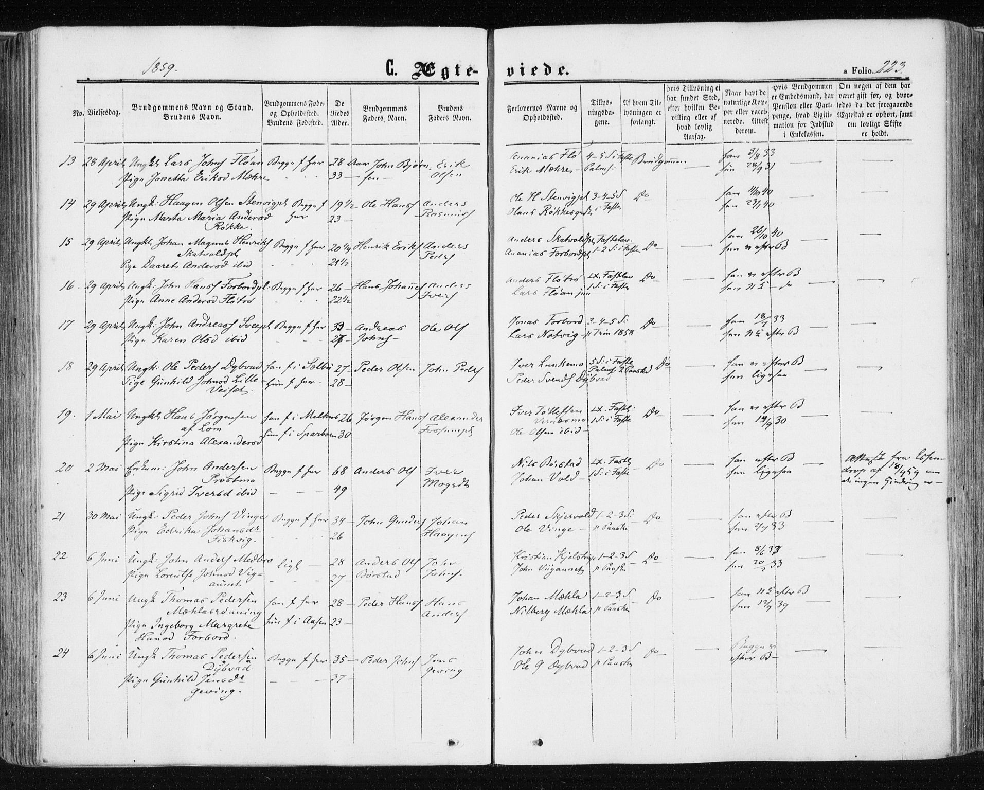 Ministerialprotokoller, klokkerbøker og fødselsregistre - Nord-Trøndelag, SAT/A-1458/709/L0075: Parish register (official) no. 709A15, 1859-1870, p. 223