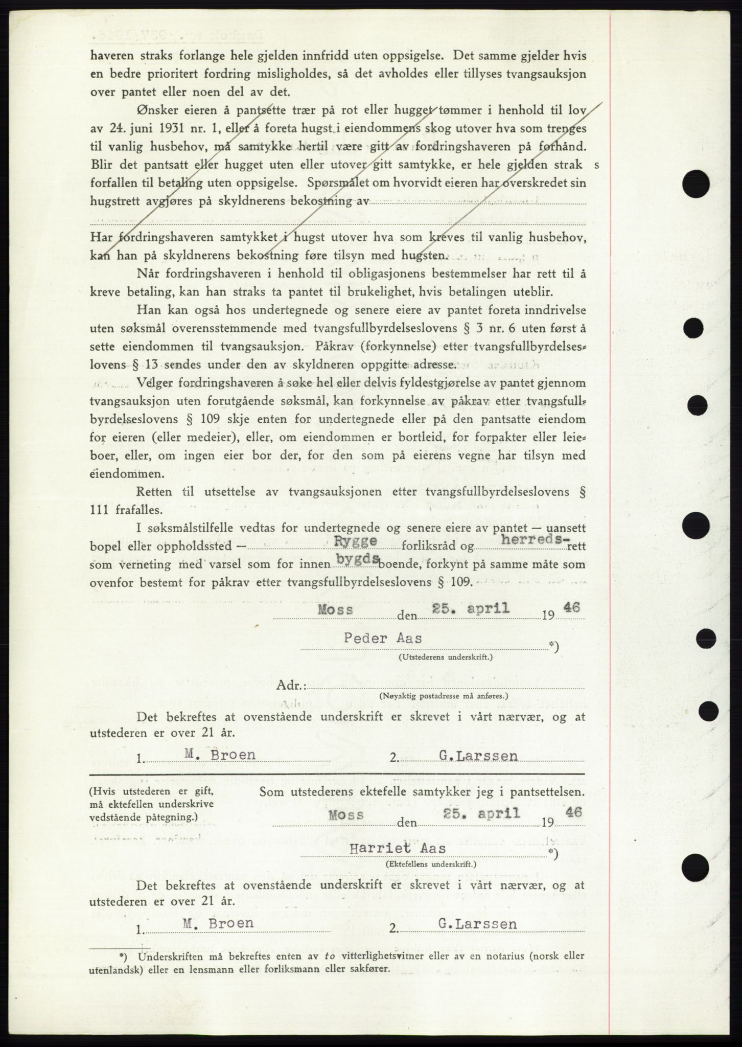 Moss sorenskriveri, SAO/A-10168: Mortgage book no. B15, 1946-1946, Diary no: : 937/1946