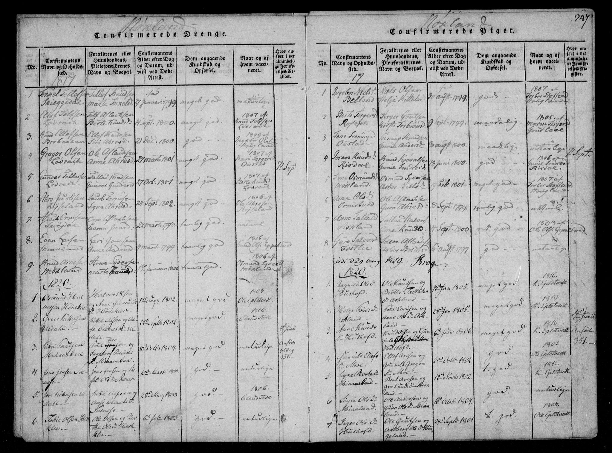 Åmli sokneprestkontor, AV/SAK-1111-0050/F/Fa/Fac/L0006: Parish register (official) no. A 6, 1816-1829, p. 247