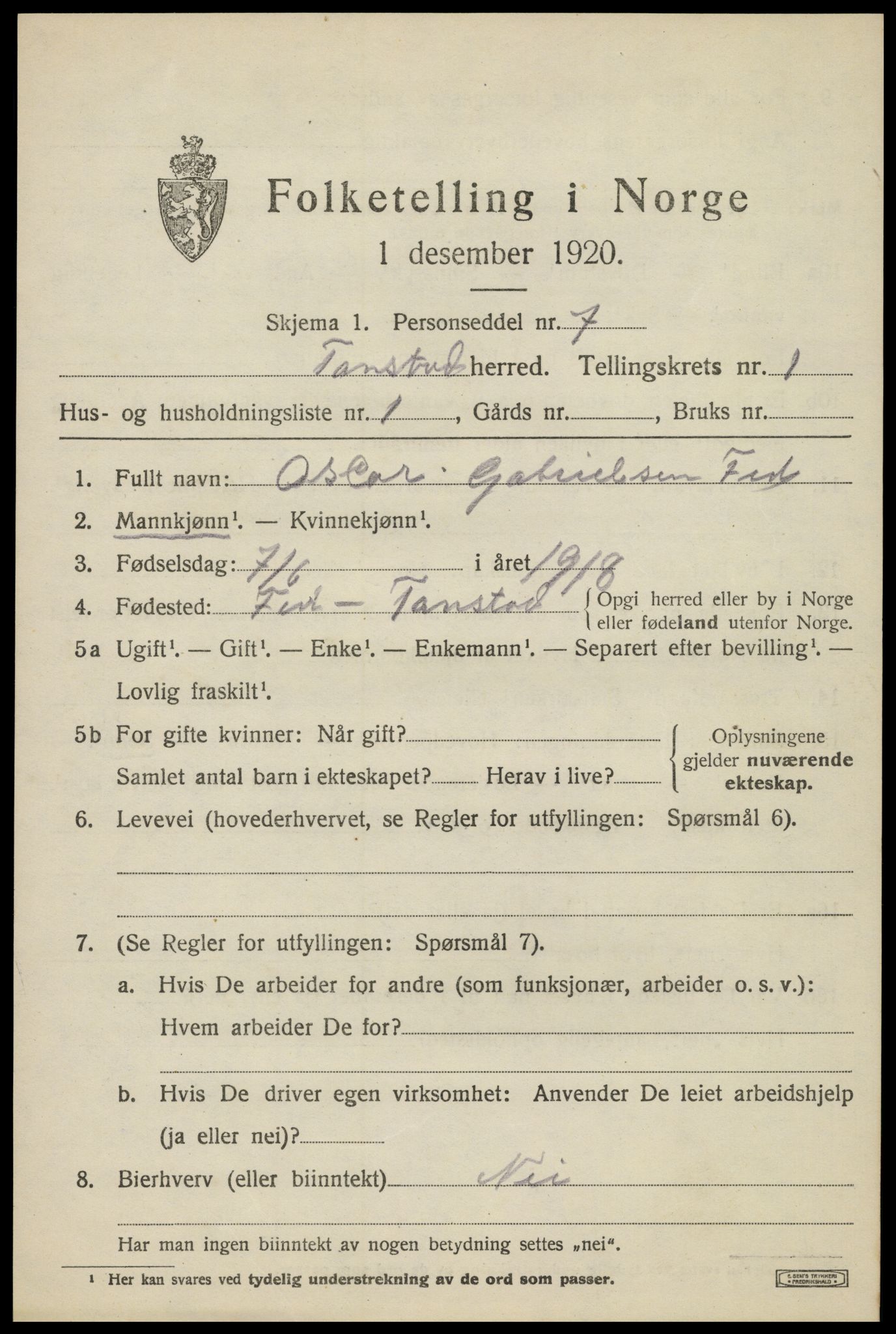 SAK, 1920 census for Tonstad, 1920, p. 340