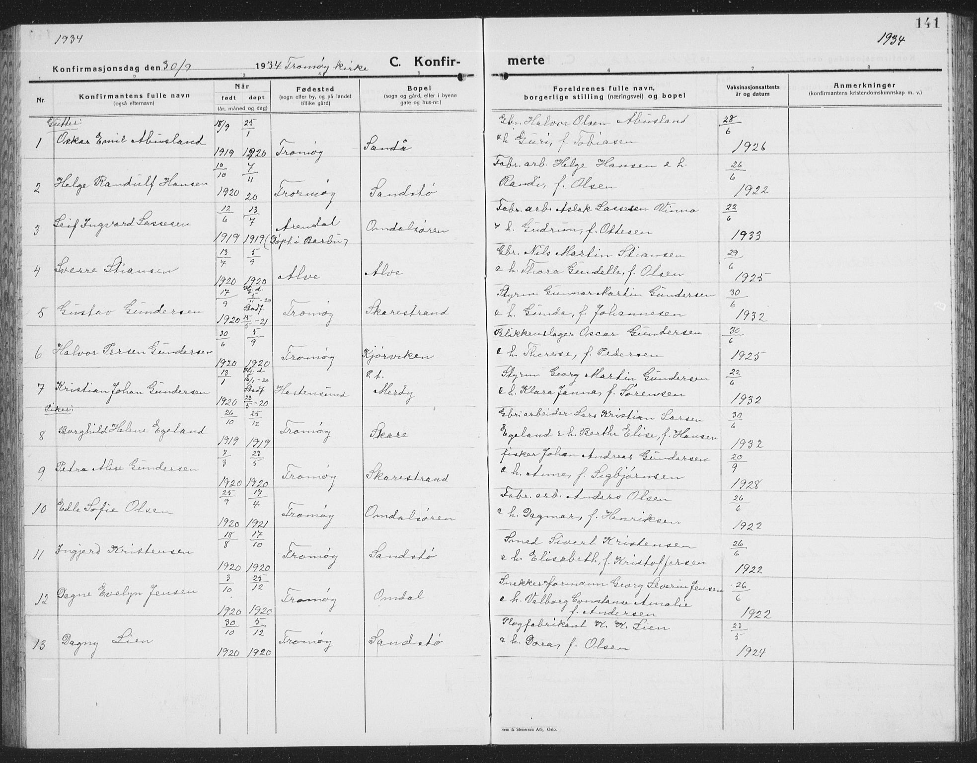 Tromøy sokneprestkontor, SAK/1111-0041/F/Fb/L0008: Parish register (copy) no. B 8, 1925-1938, p. 141