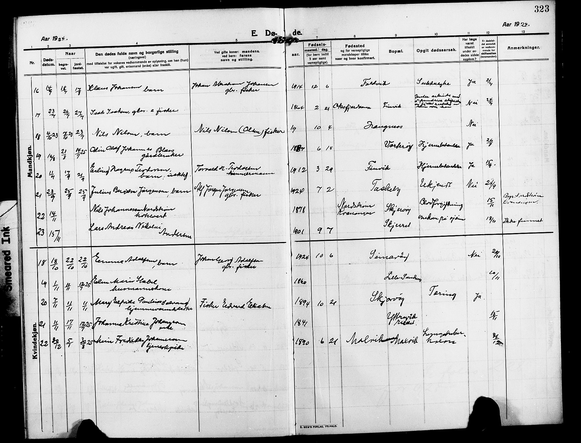 Skjervøy sokneprestkontor, AV/SATØ-S-1300/H/Ha/Hab/L0009klokker: Parish register (copy) no. 9, 1911-1926, p. 323