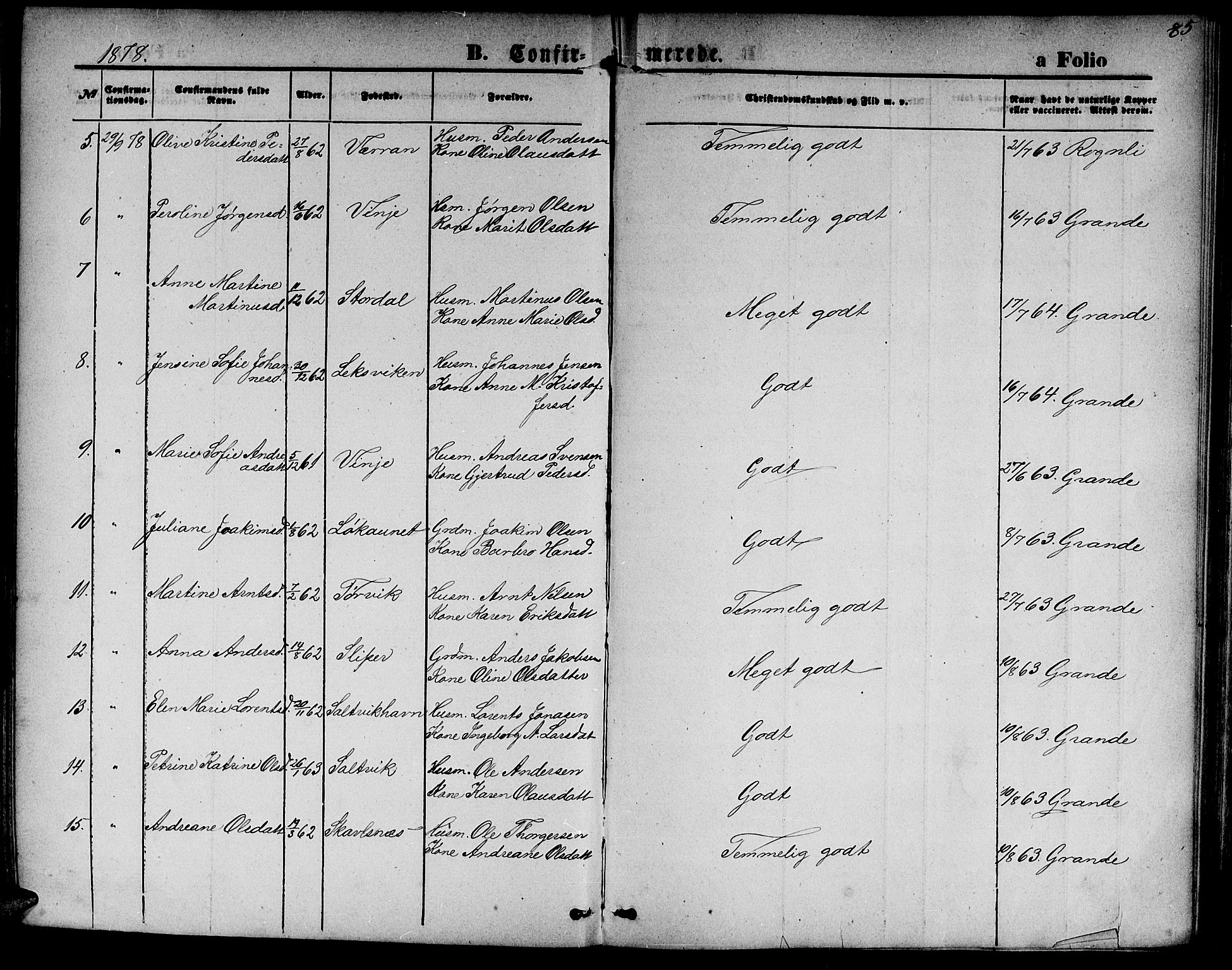 Ministerialprotokoller, klokkerbøker og fødselsregistre - Nord-Trøndelag, AV/SAT-A-1458/733/L0326: Parish register (copy) no. 733C01, 1871-1887, p. 85