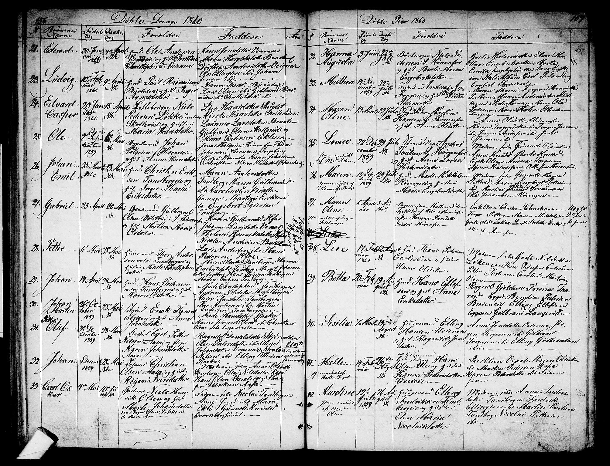 Norderhov kirkebøker, AV/SAKO-A-237/G/Ga/L0005: Parish register (copy) no. I 5, 1849-1863, p. 156-157