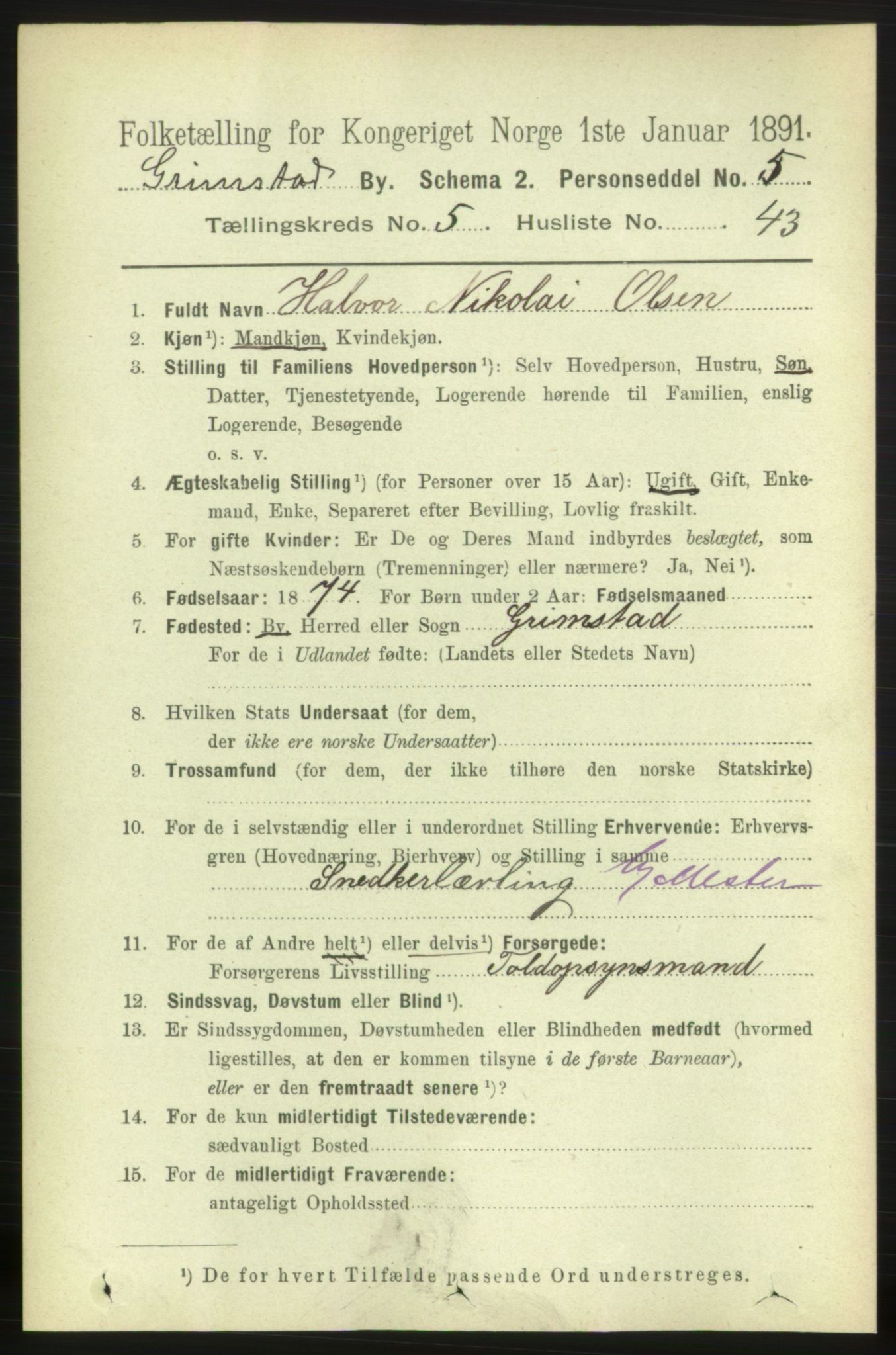 RA, 1891 census for 0904 Grimstad, 1891, p. 3370