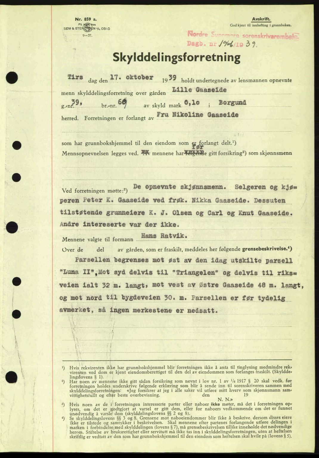 Nordre Sunnmøre sorenskriveri, AV/SAT-A-0006/1/2/2C/2Ca: Mortgage book no. A8, 1939-1940, Diary no: : 1966/1939