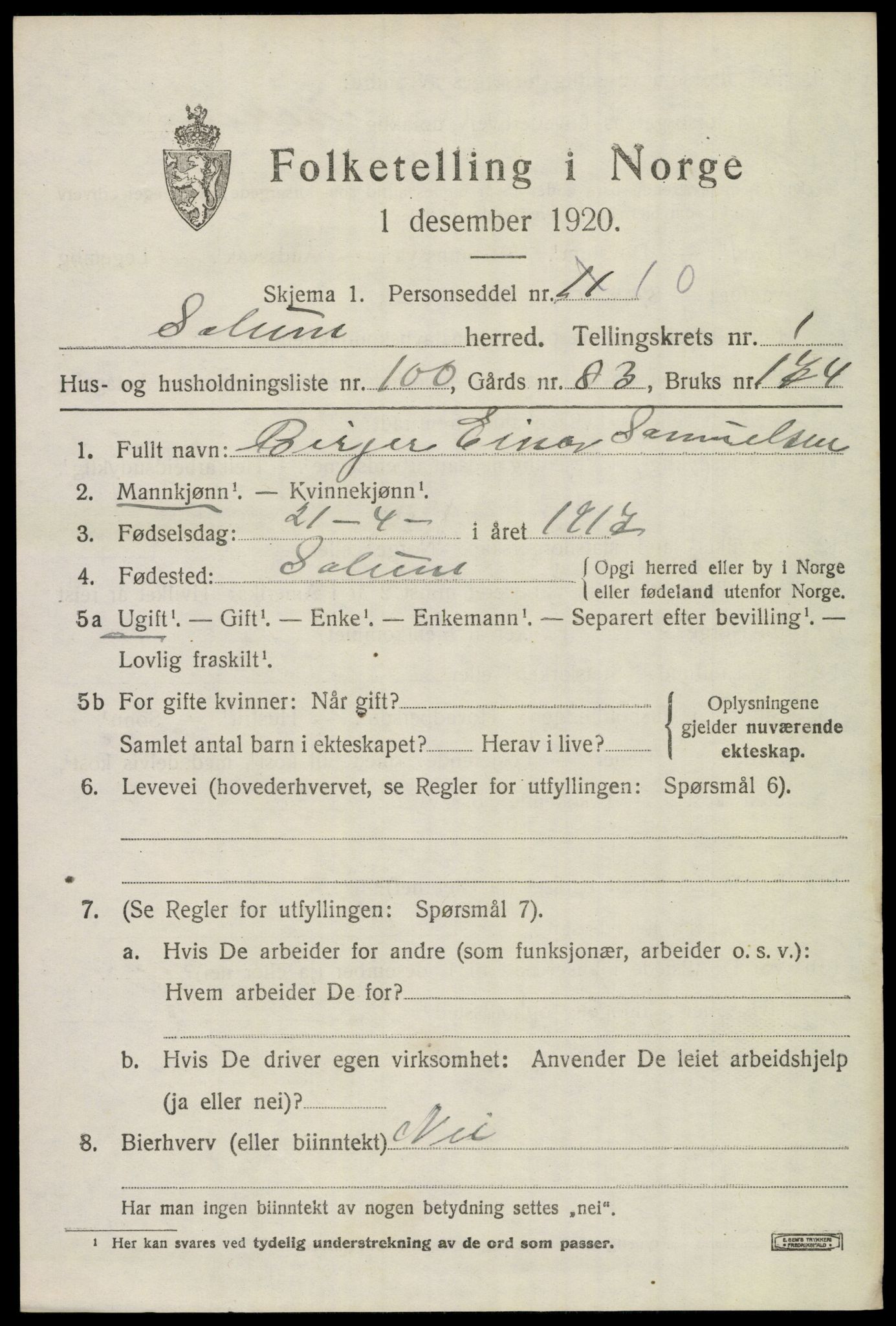 SAKO, 1920 census for Solum, 1920, p. 4038