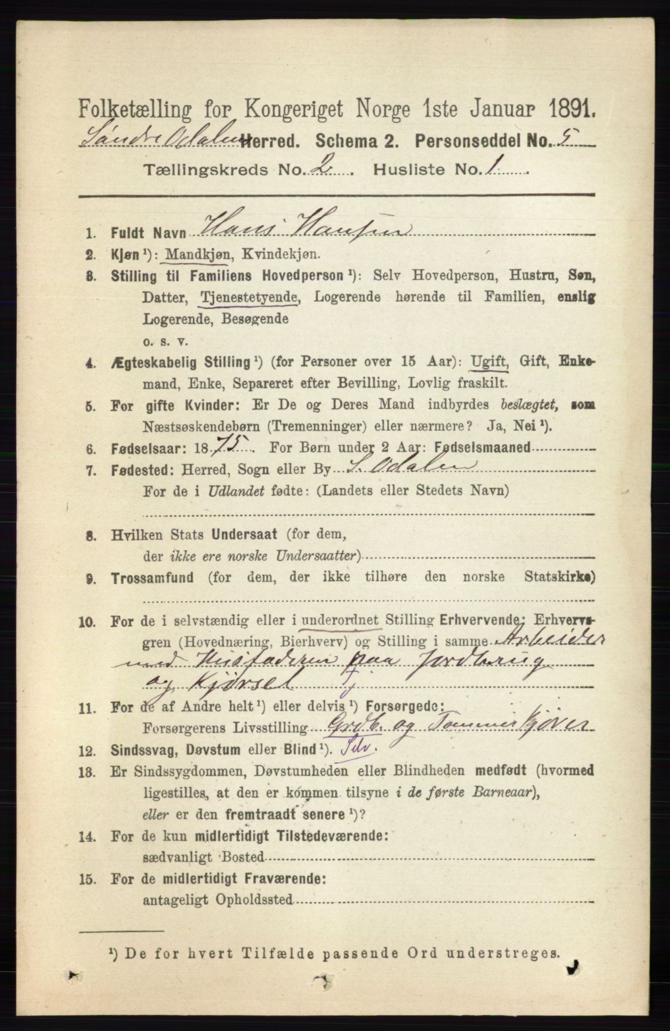 RA, 1891 census for 0419 Sør-Odal, 1891, p. 454