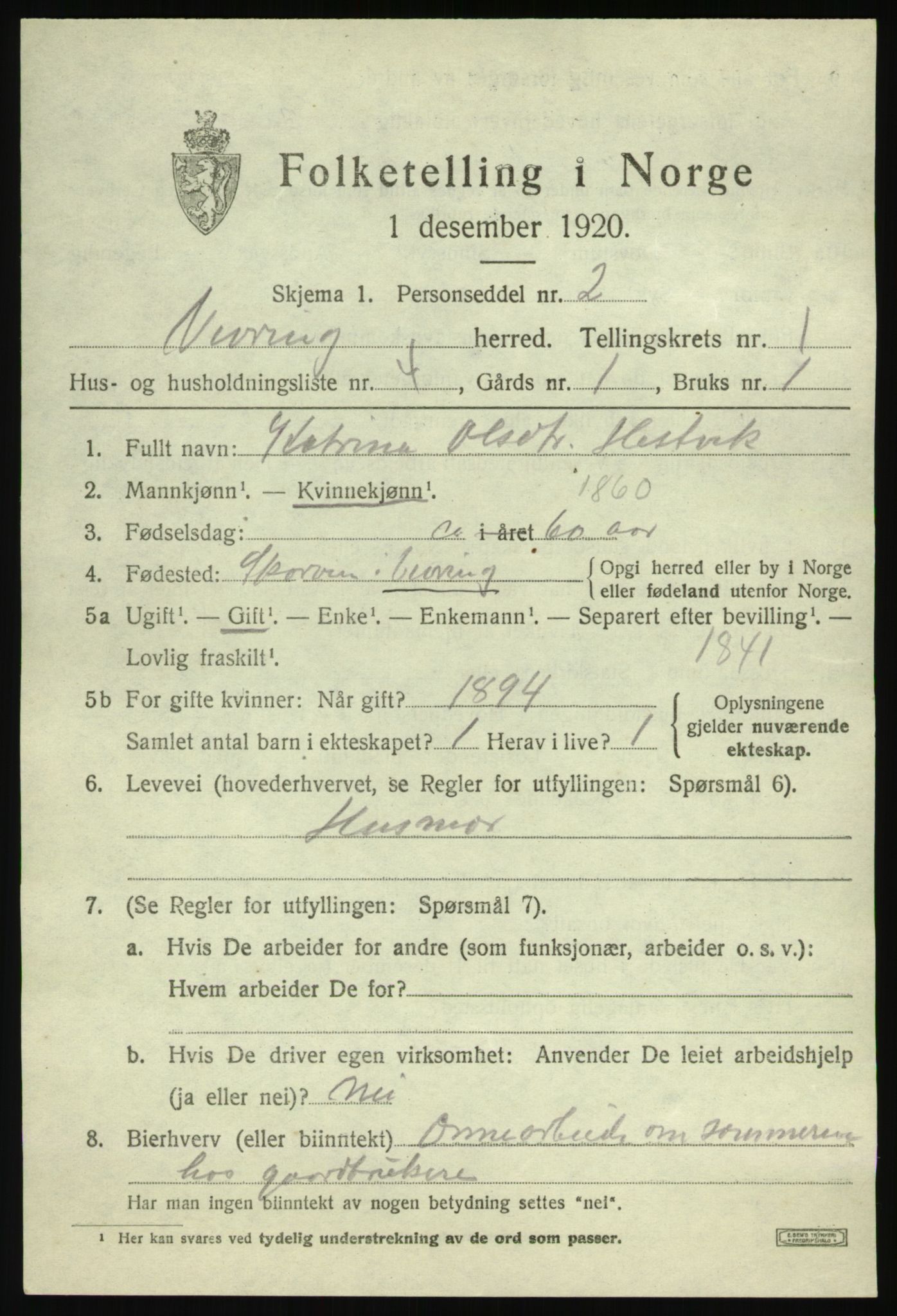 SAB, 1920 census for Vevring, 1920, p. 456