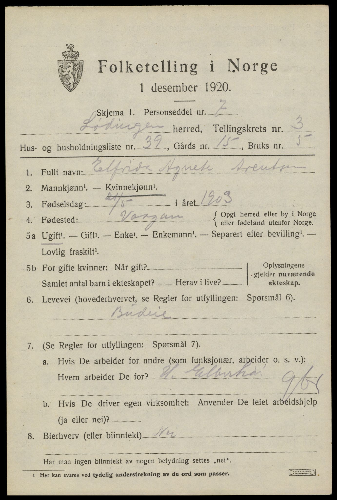 SAT, 1920 census for Lødingen, 1920, p. 2597