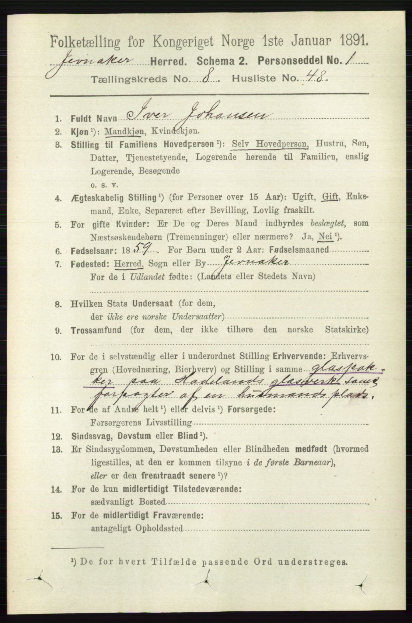 RA, 1891 census for 0532 Jevnaker, 1891, p. 4639