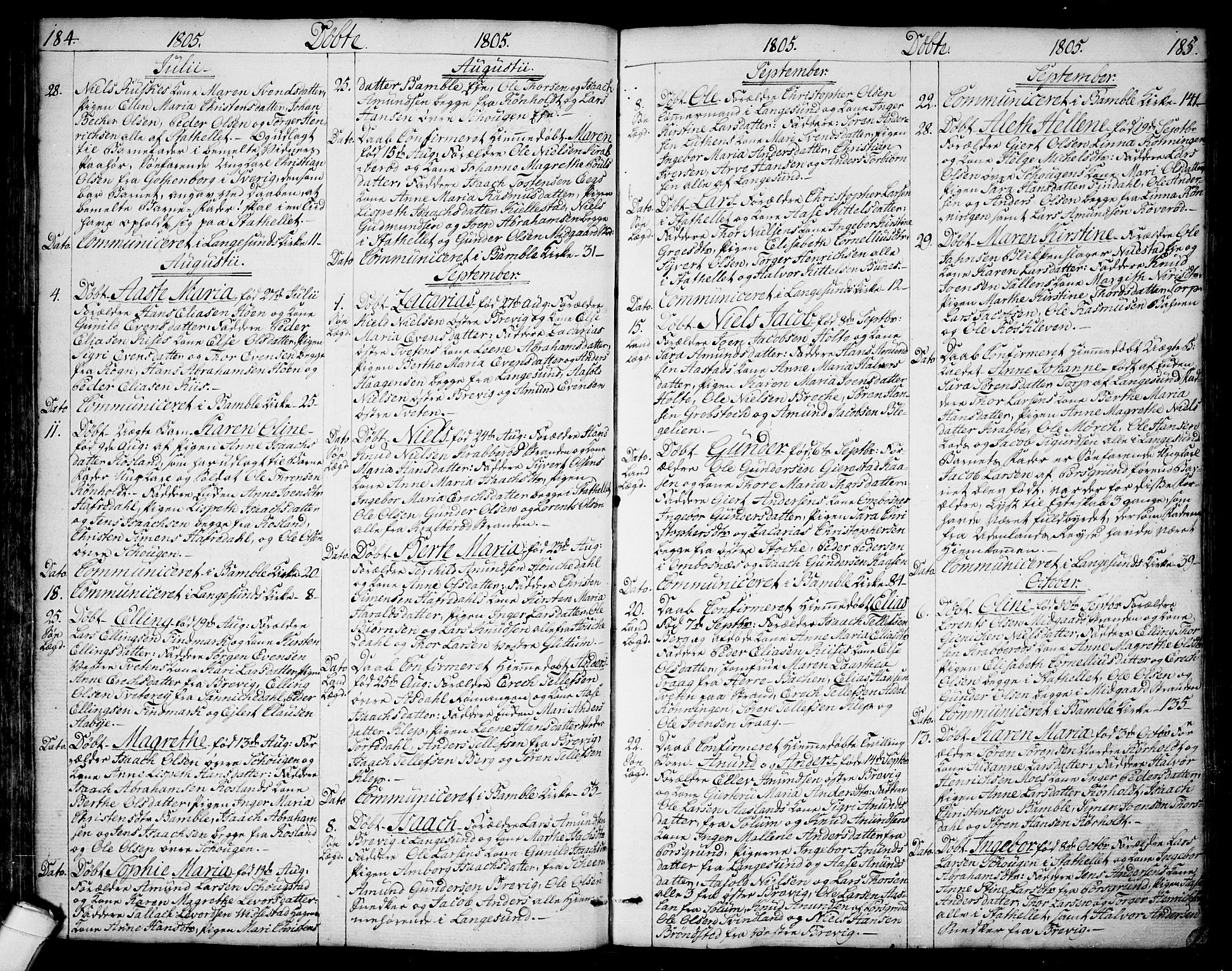 Bamble kirkebøker, AV/SAKO-A-253/F/Fa/L0002: Parish register (official) no. I 2, 1775-1814, p. 184-185