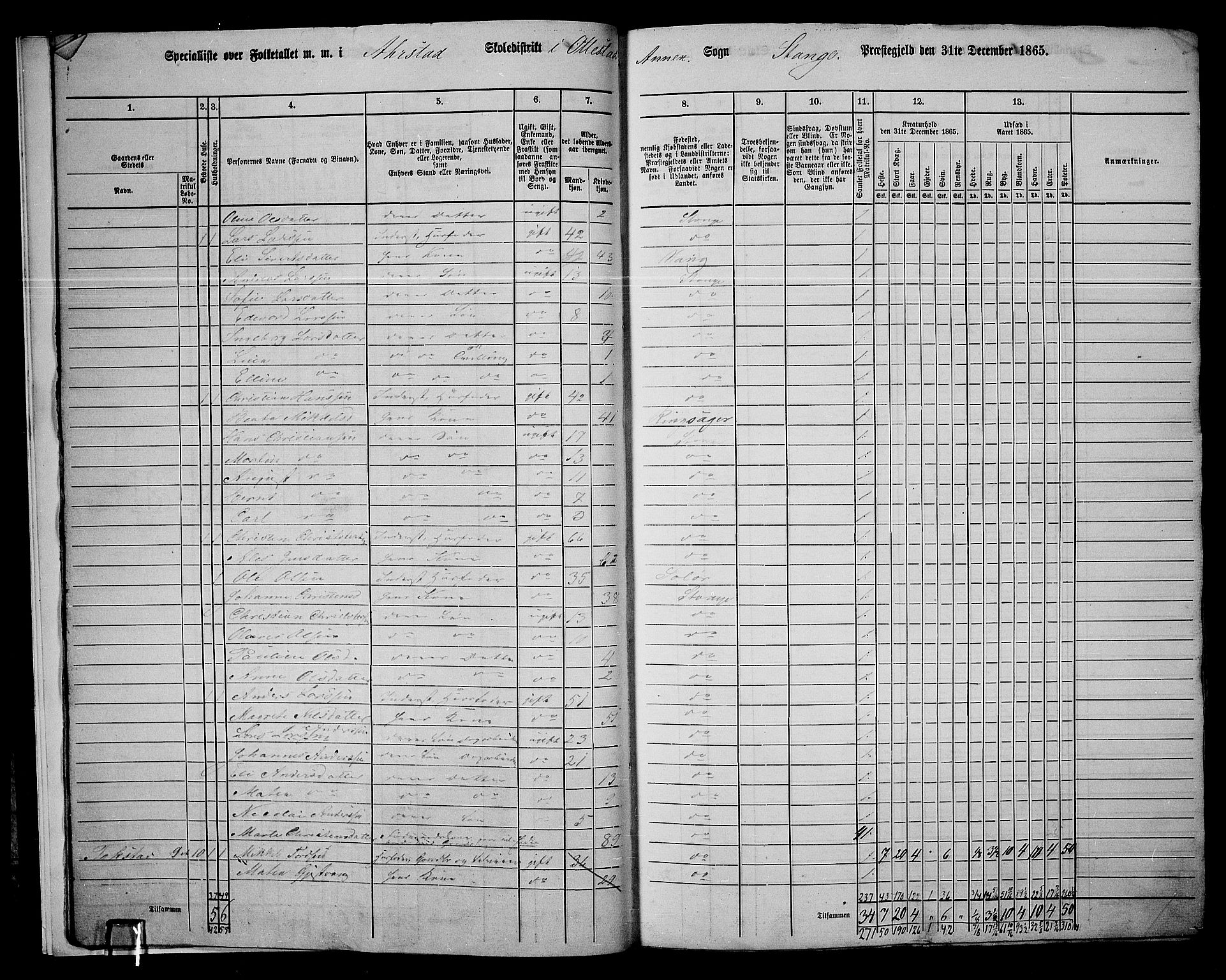 RA, 1865 census for Stange, 1865, p. 13