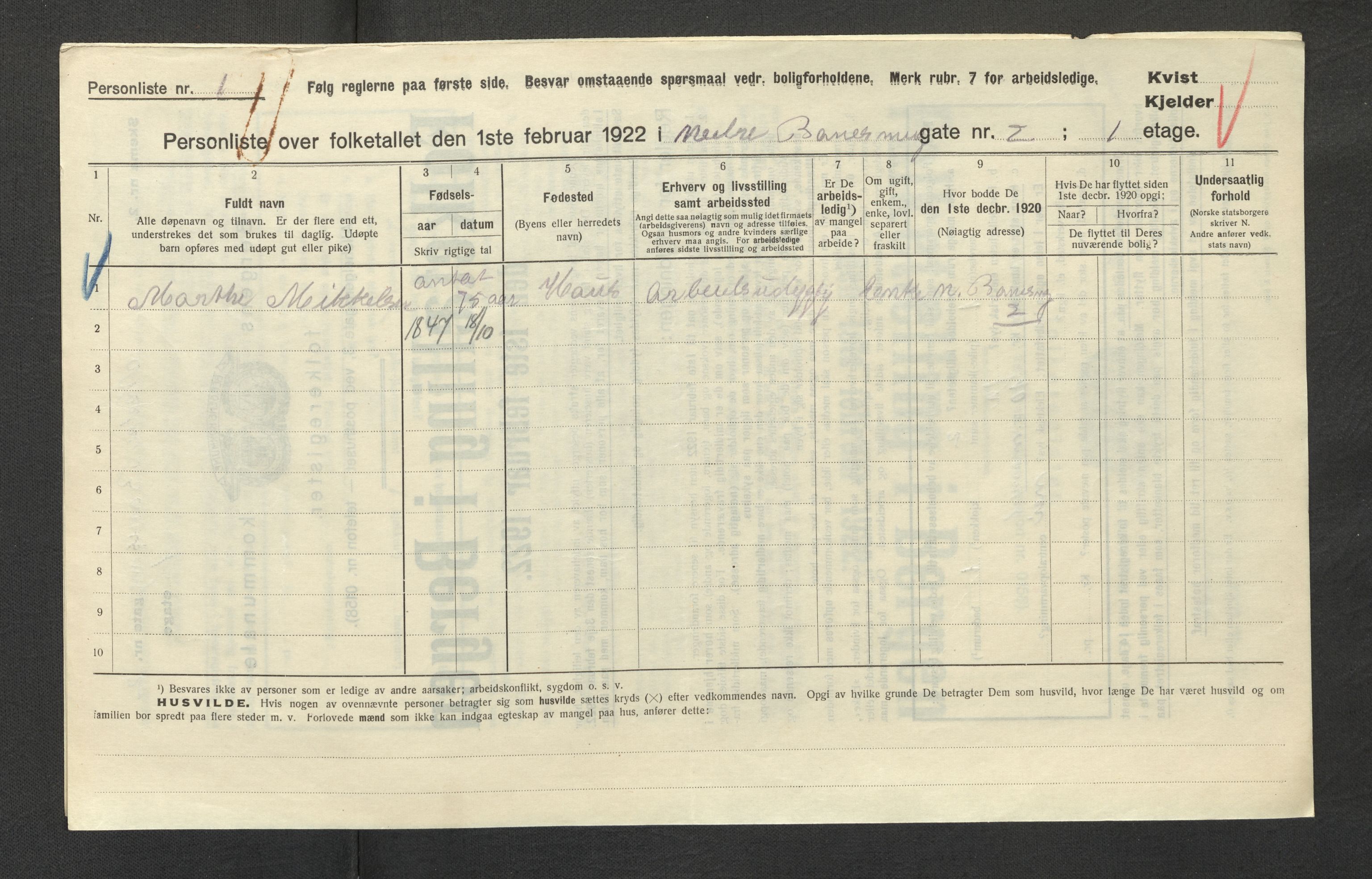 SAB, Municipal Census 1922 for Bergen, 1922, p. 2029