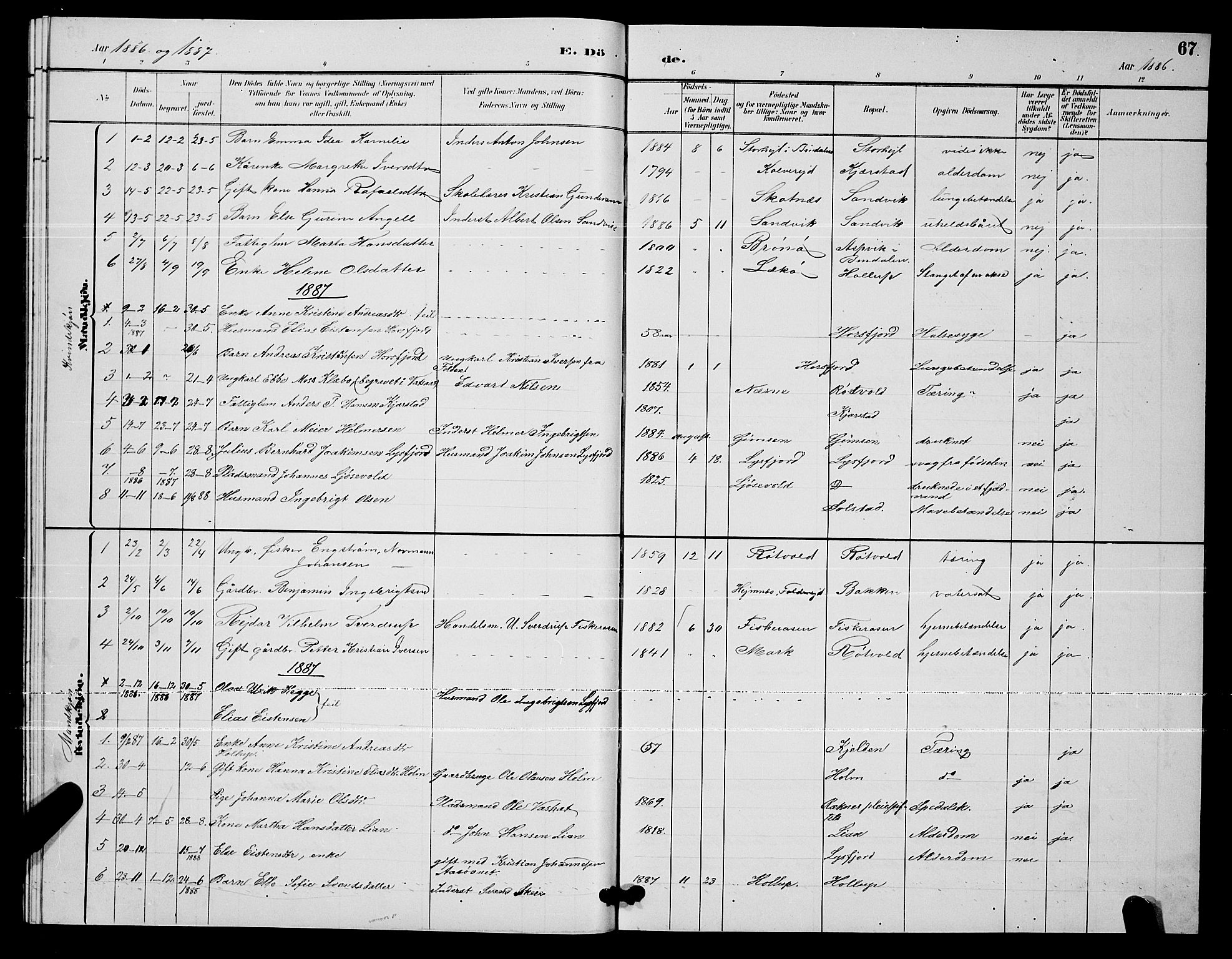 Ministerialprotokoller, klokkerbøker og fødselsregistre - Nordland, SAT/A-1459/811/L0169: Parish register (copy) no. 811C01, 1884-1894, p. 67