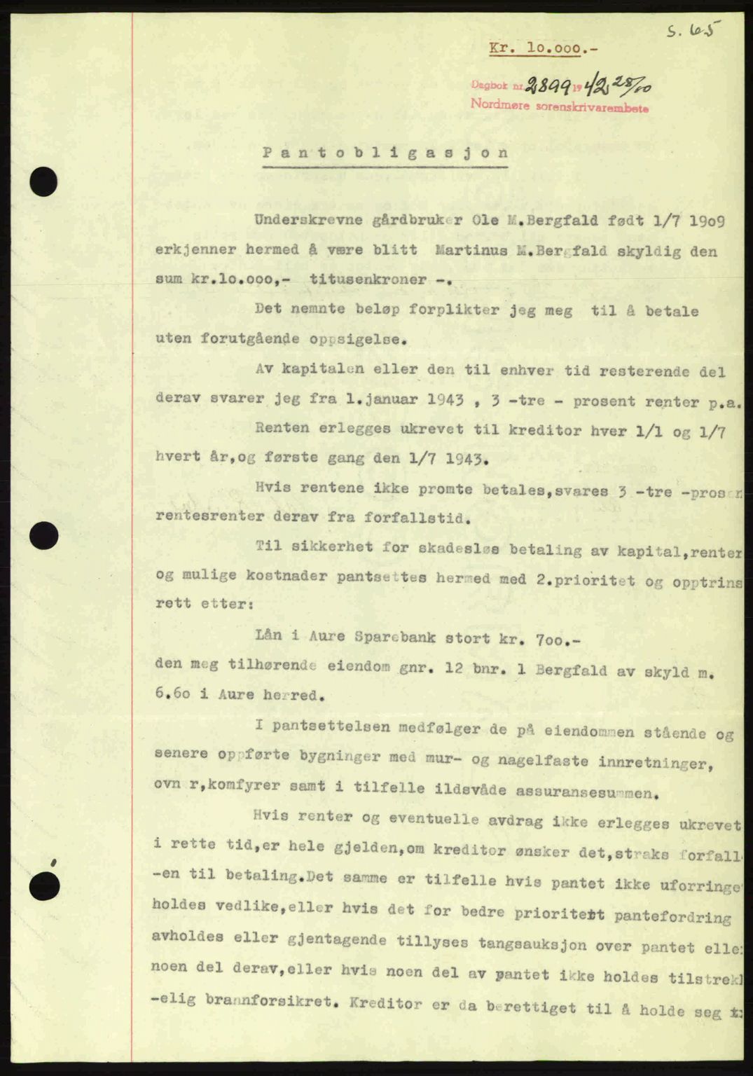 Nordmøre sorenskriveri, AV/SAT-A-4132/1/2/2Ca: Mortgage book no. B90, 1942-1943, Diary no: : 2899/1942