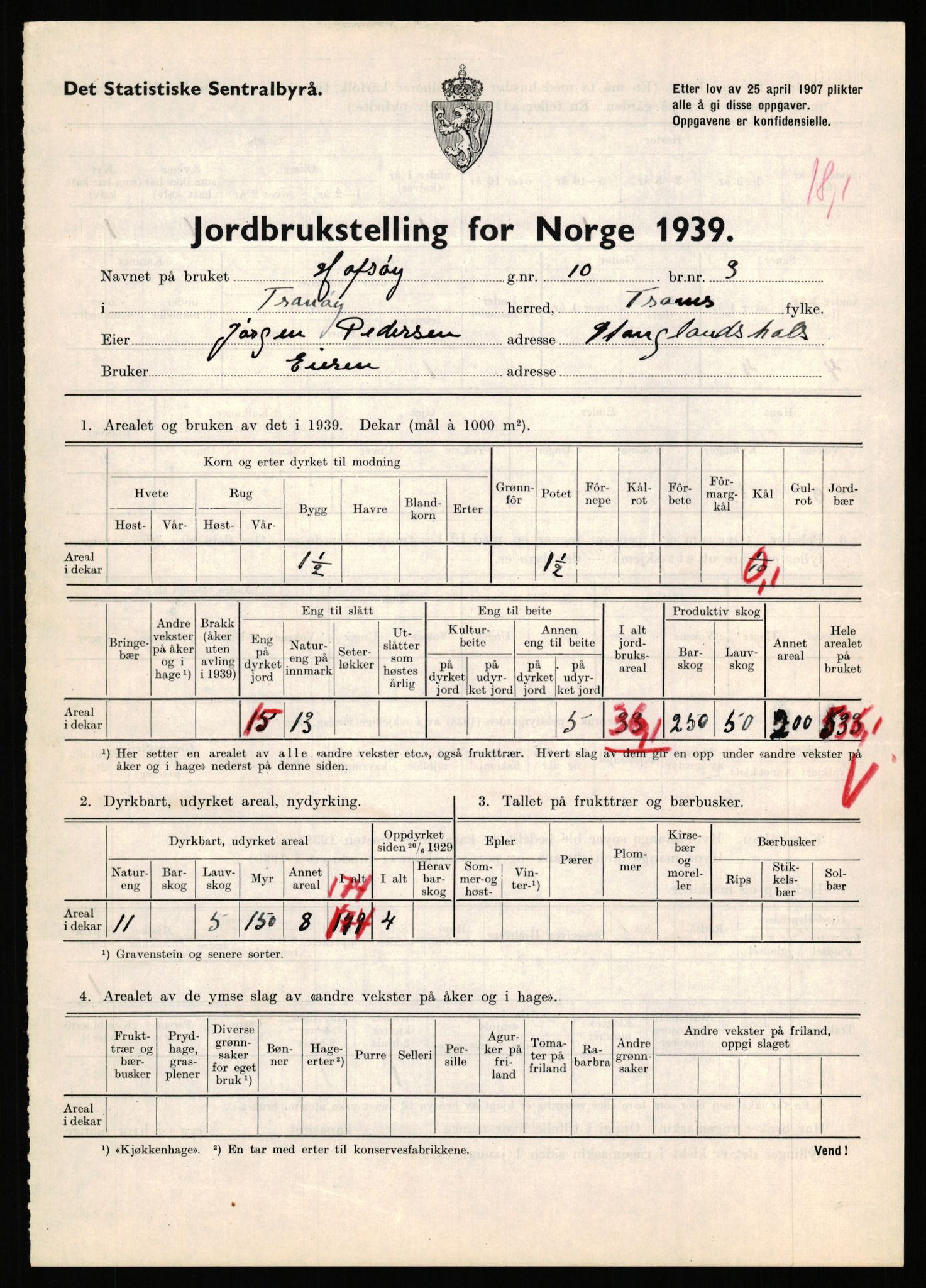 Statistisk sentralbyrå, Næringsøkonomiske emner, Jordbruk, skogbruk, jakt, fiske og fangst, AV/RA-S-2234/G/Gb/L0341: Troms: Sørreisa og Tranøy, 1939, p. 1565