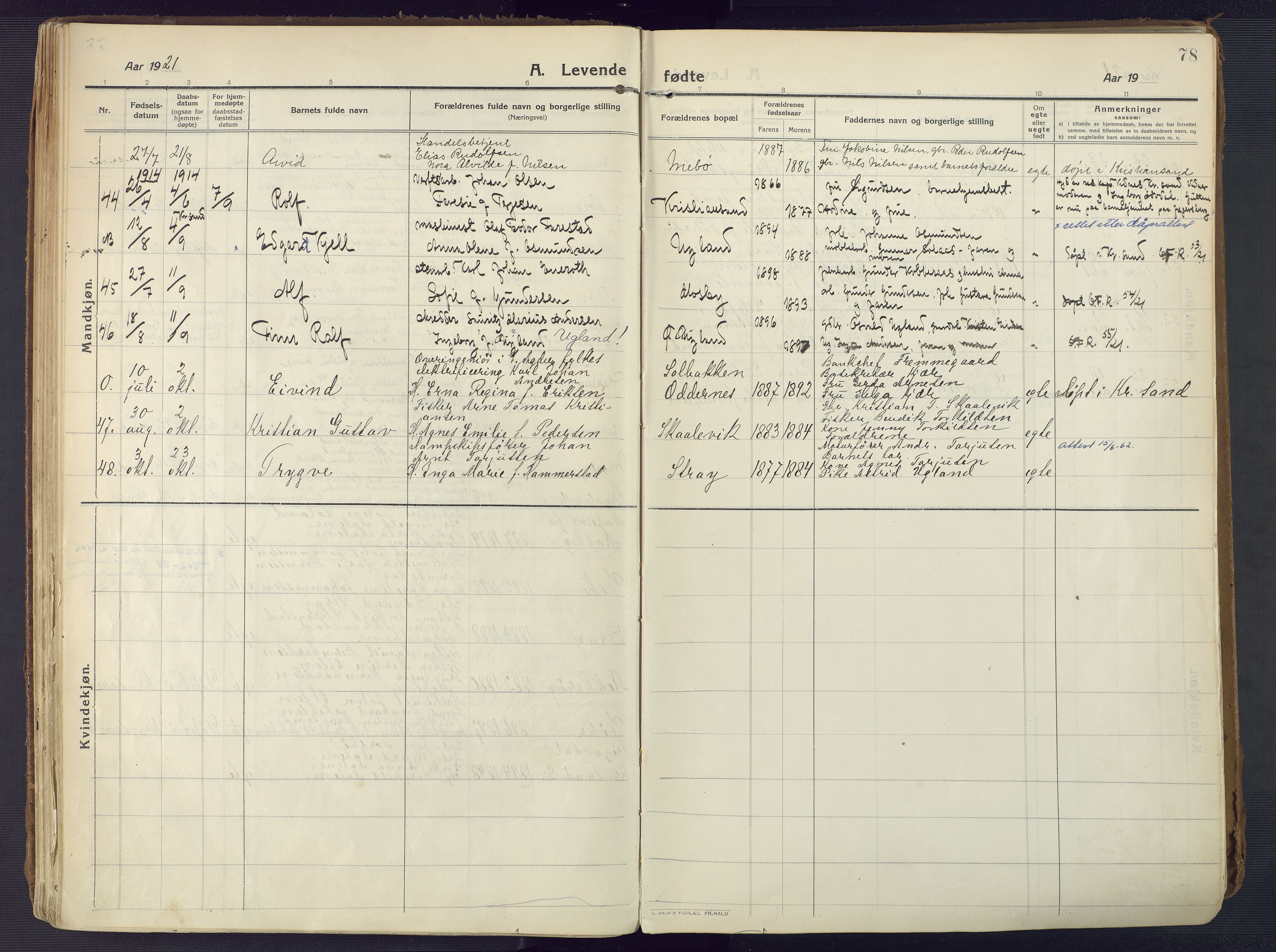 Oddernes sokneprestkontor, AV/SAK-1111-0033/F/Fa/Faa/L0012: Parish register (official) no. A 12, 1912-1925, p. 78