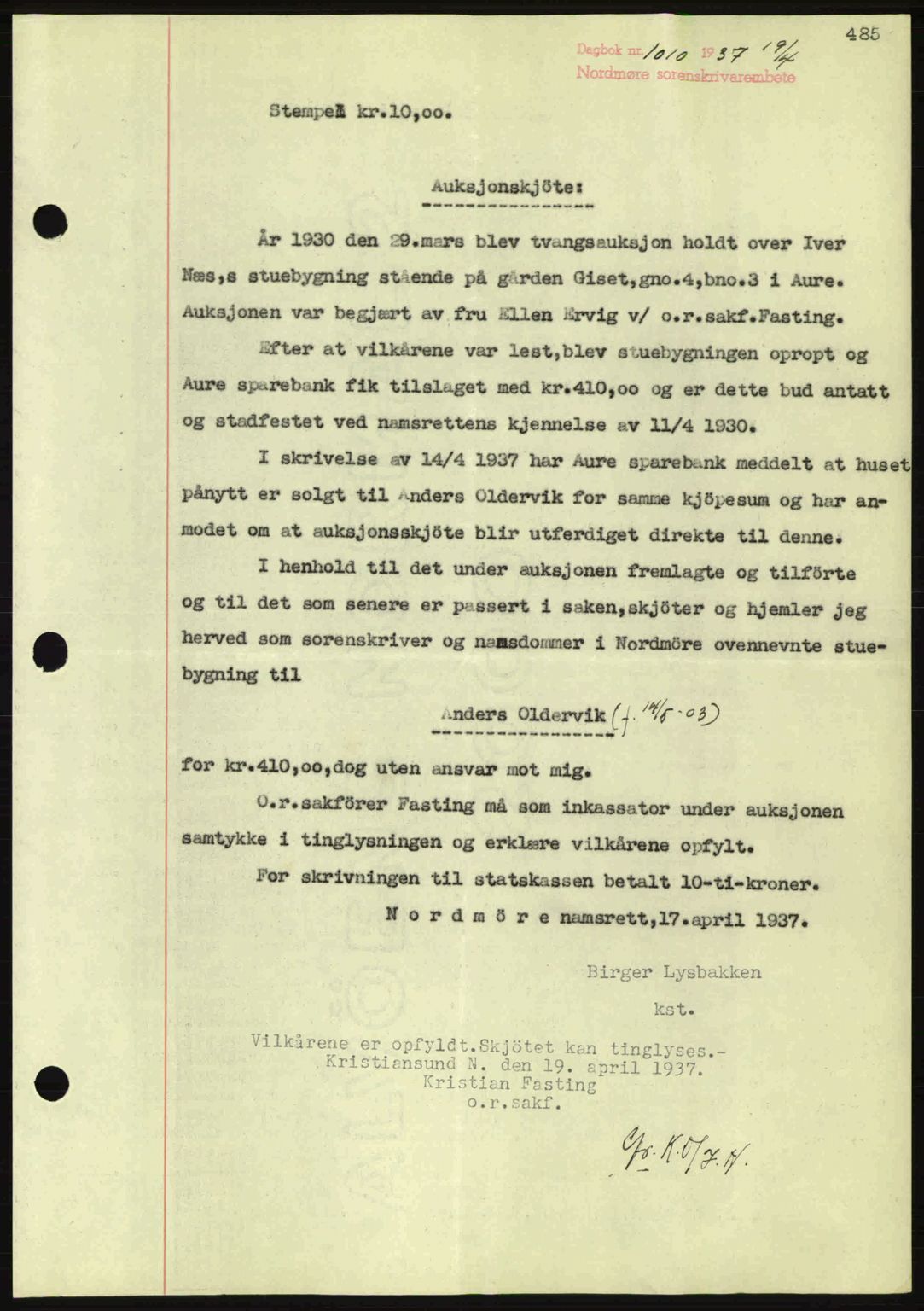 Nordmøre sorenskriveri, AV/SAT-A-4132/1/2/2Ca: Mortgage book no. A81, 1937-1937, Diary no: : 1010/1937