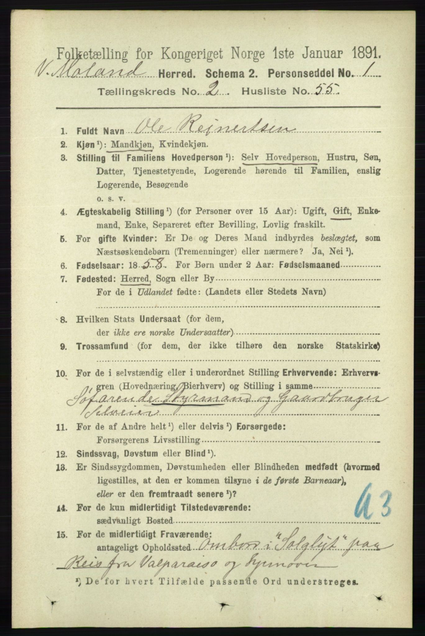 RA, 1891 census for 0926 Vestre Moland, 1891, p. 908