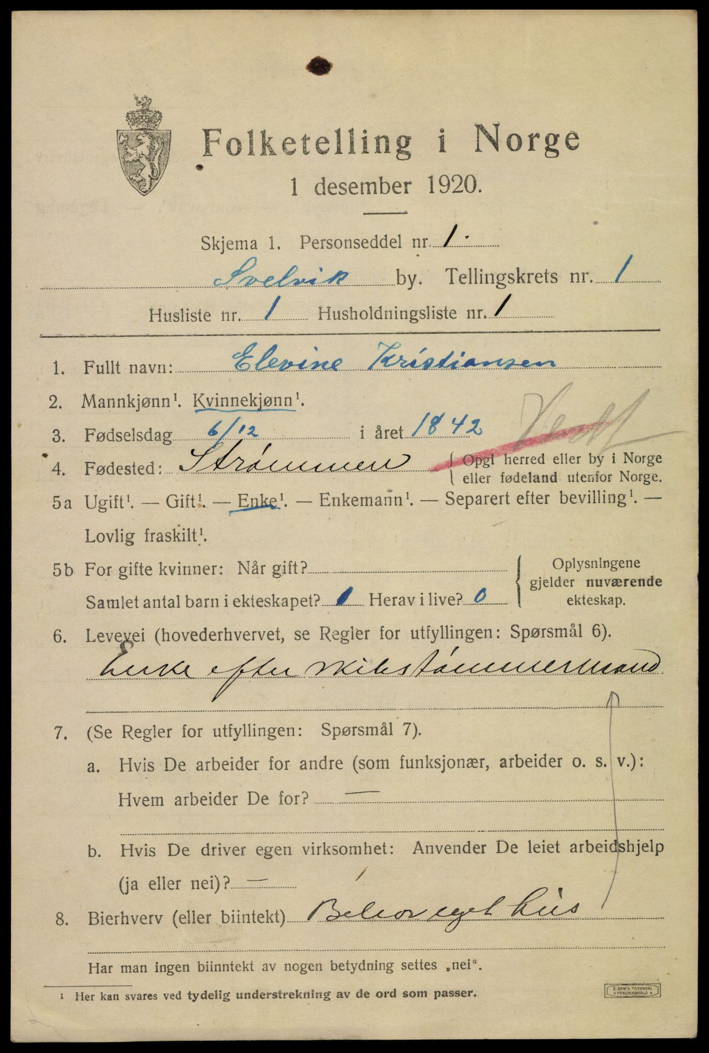 SAKO, 1920 census for Svelvik, 1920, p. 1179