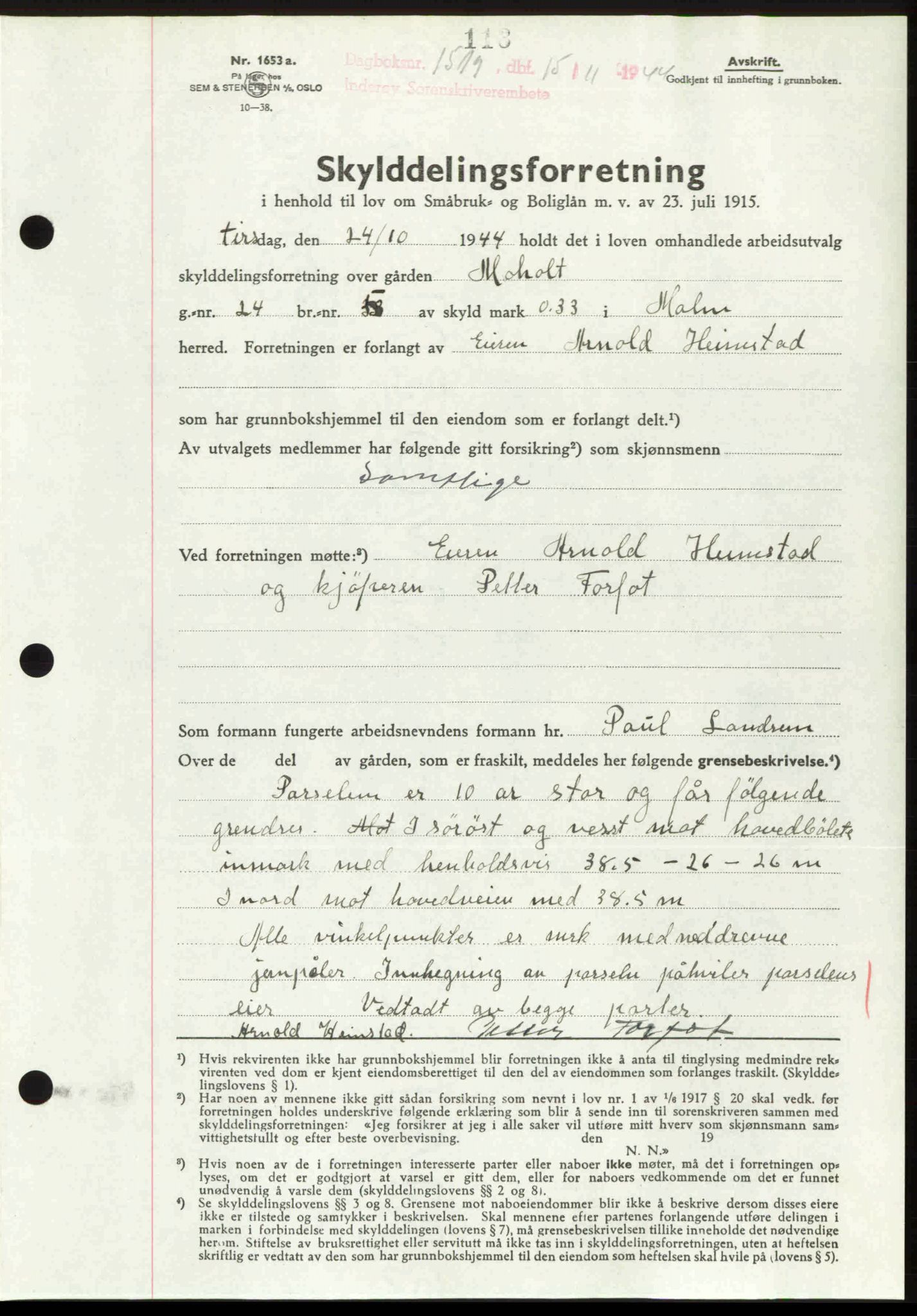 Inderøy sorenskriveri, AV/SAT-A-4147/1/2/2C: Mortgage book no. A 12, 1944-1945, p. 111, Diary no: : 1519/1944