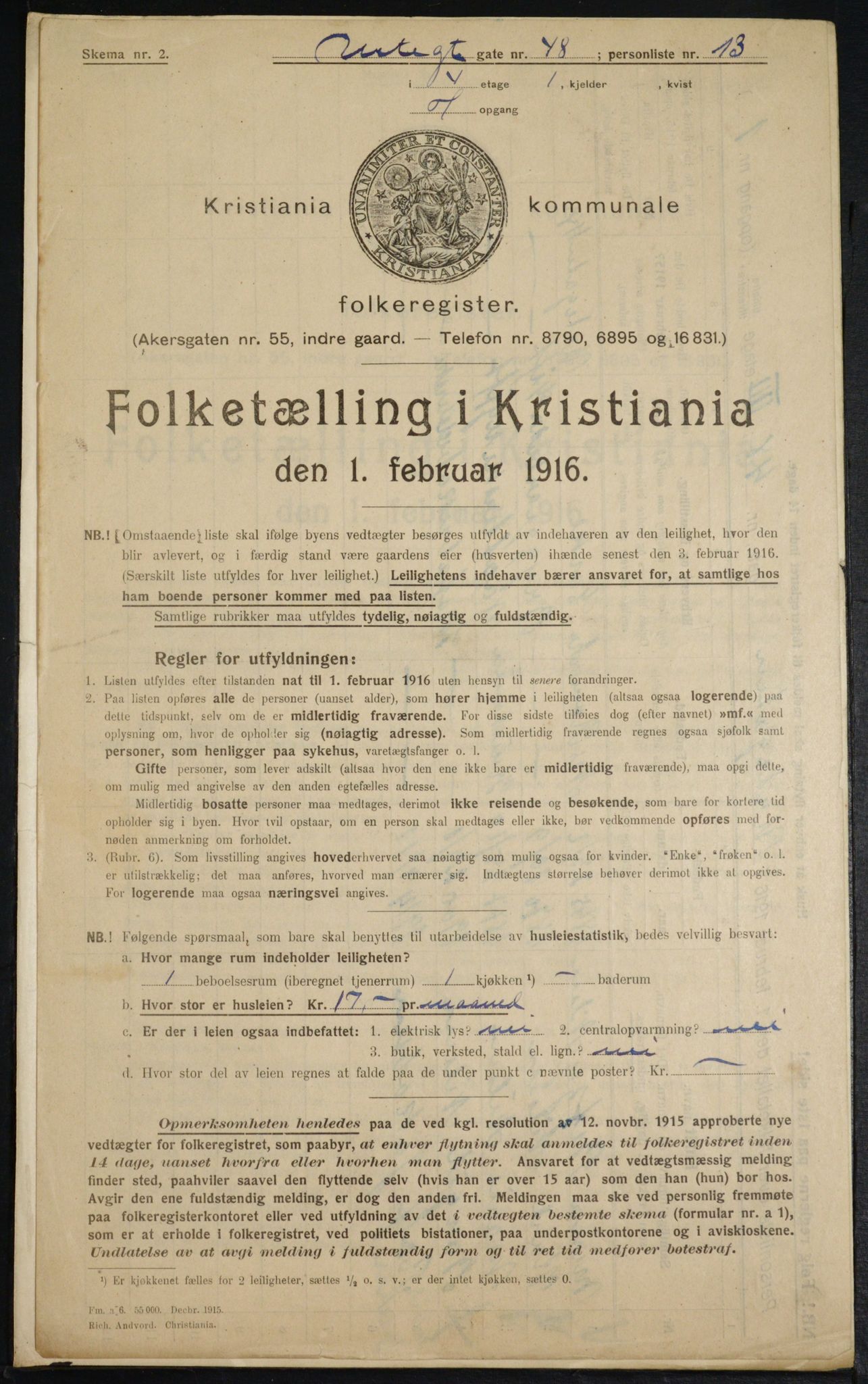 OBA, Municipal Census 1916 for Kristiania, 1916, p. 125049