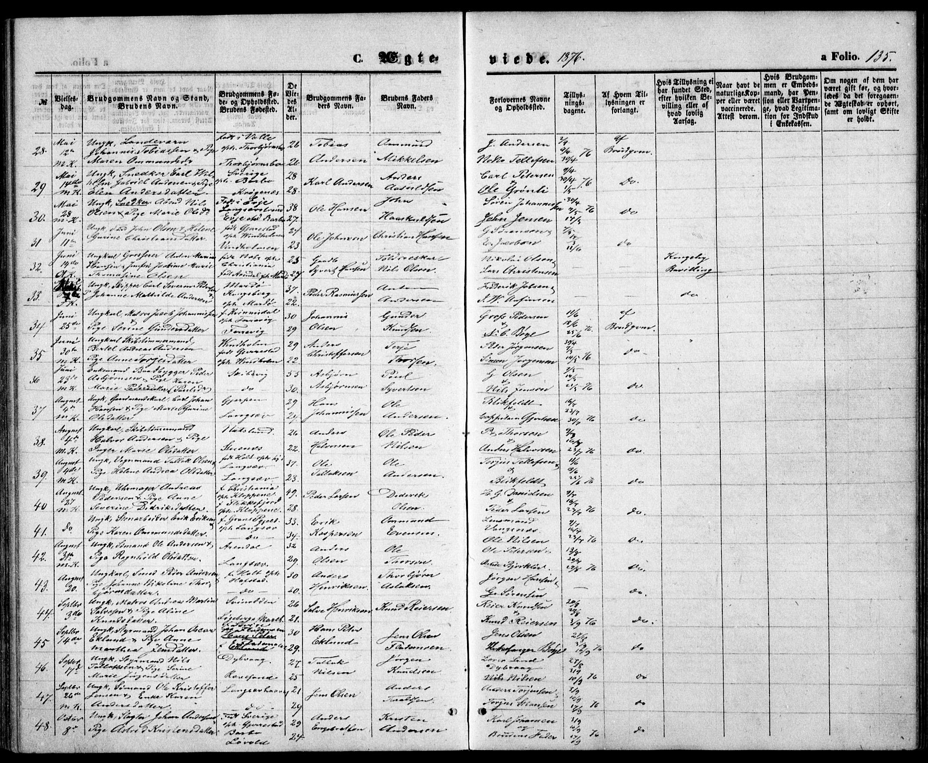 Tromøy sokneprestkontor, AV/SAK-1111-0041/F/Fb/L0004: Parish register (copy) no. B 4, 1869-1877, p. 135