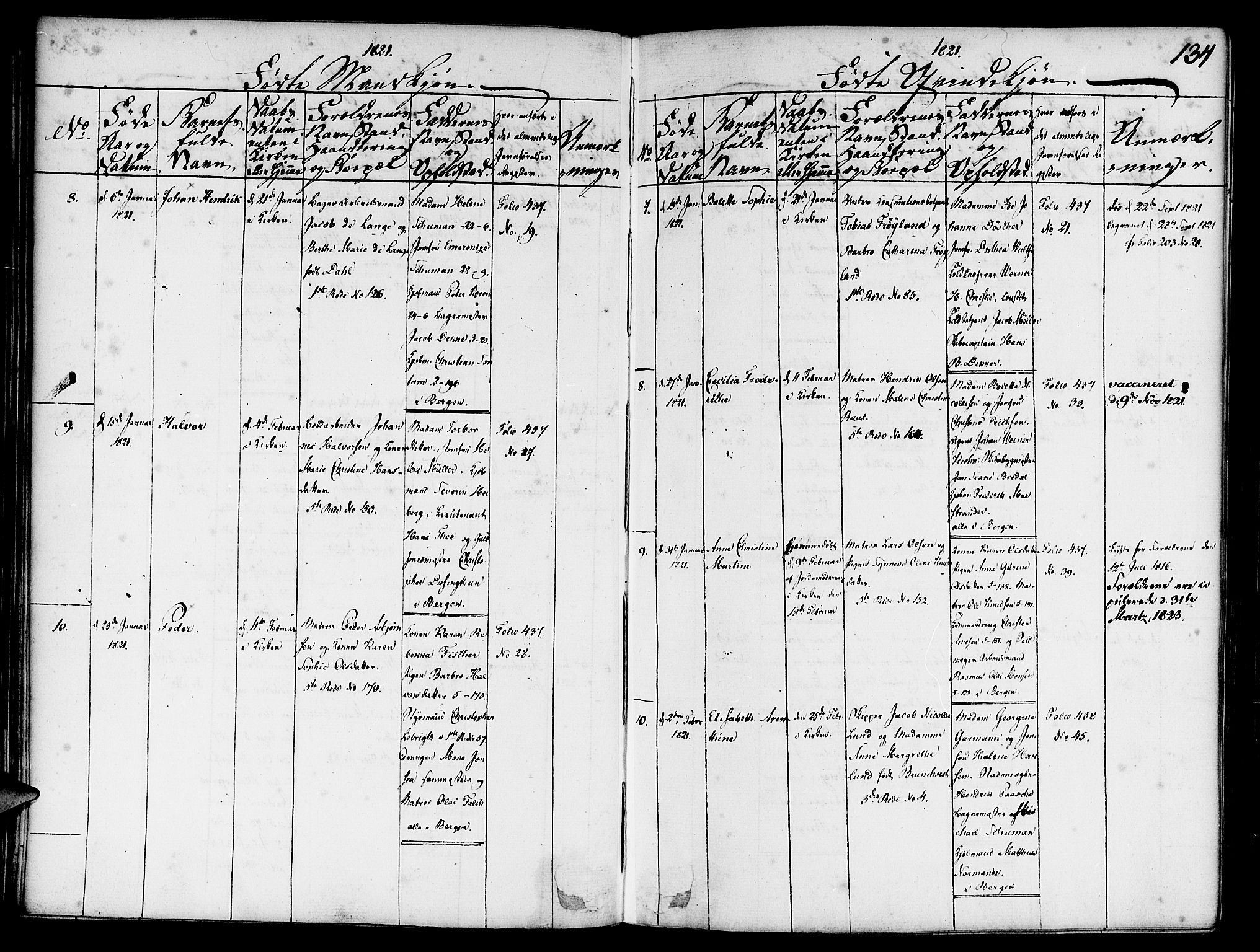 Nykirken Sokneprestembete, SAB/A-77101/H/Haa/L0011: Parish register (official) no. A 11, 1816-1821, p. 134
