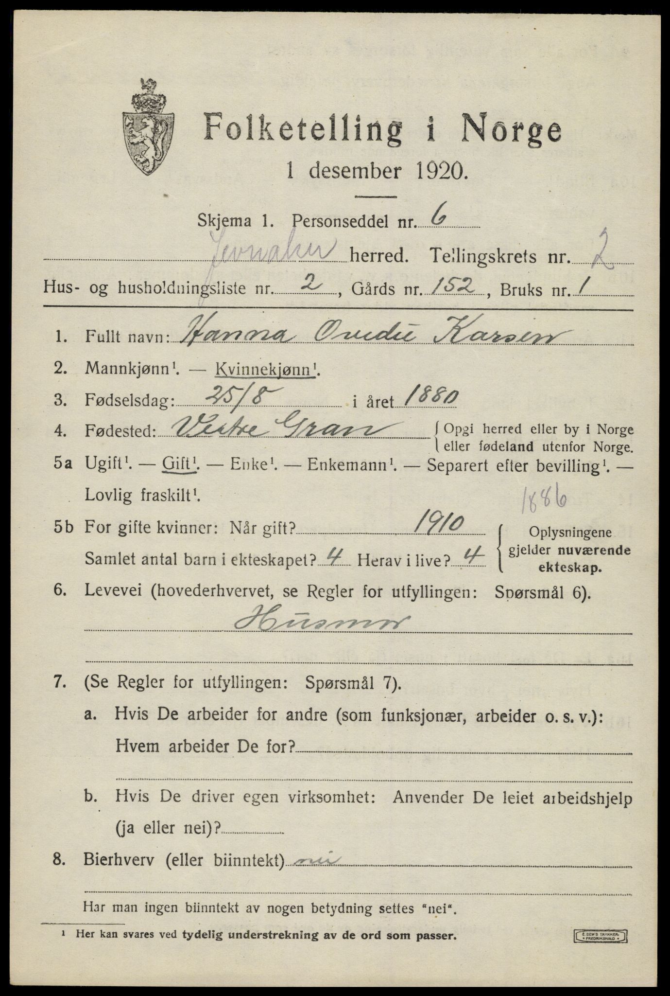 SAH, 1920 census for Jevnaker, 1920, p. 1417