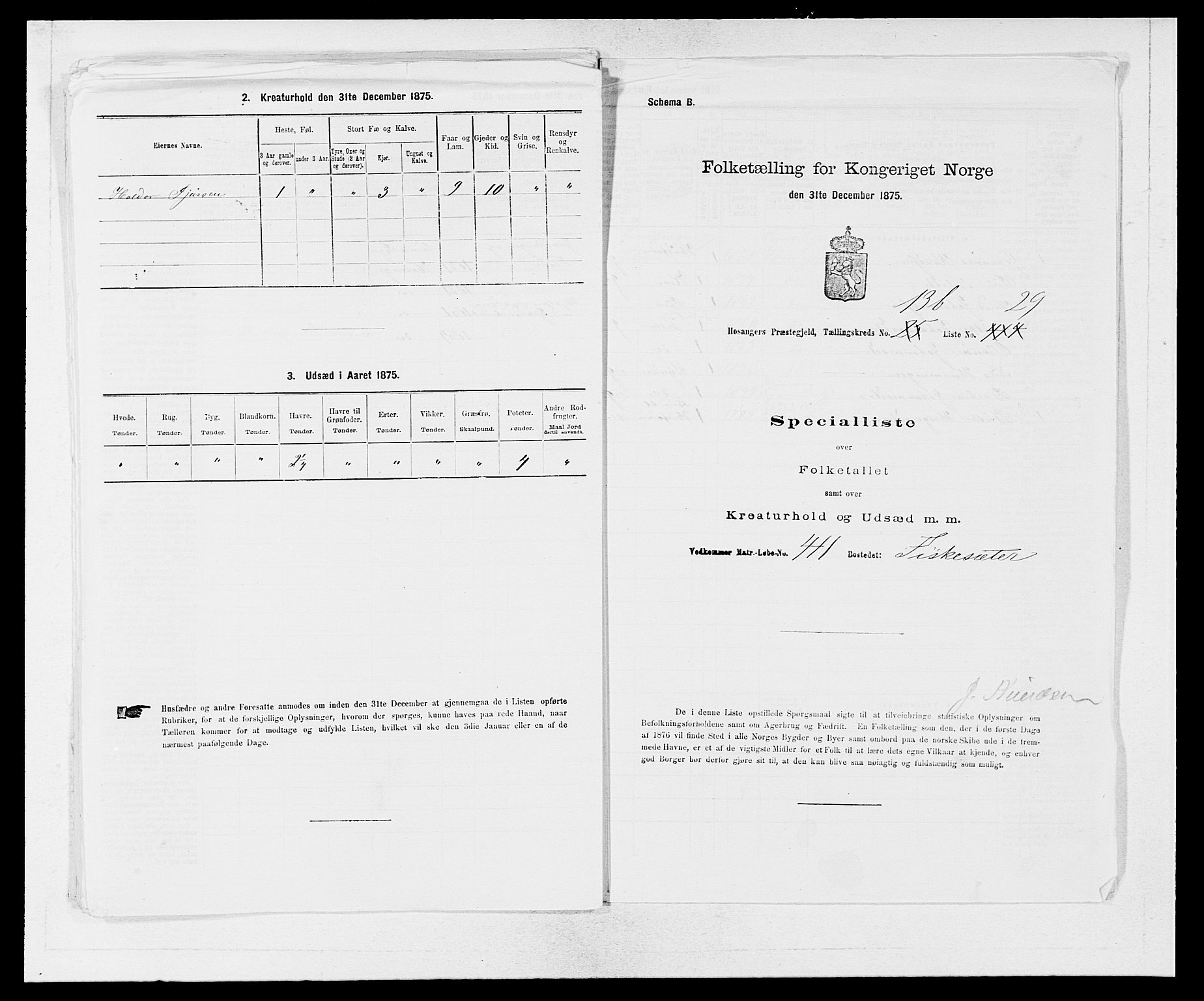 SAB, 1875 census for 1253P Hosanger, 1875, p. 1054