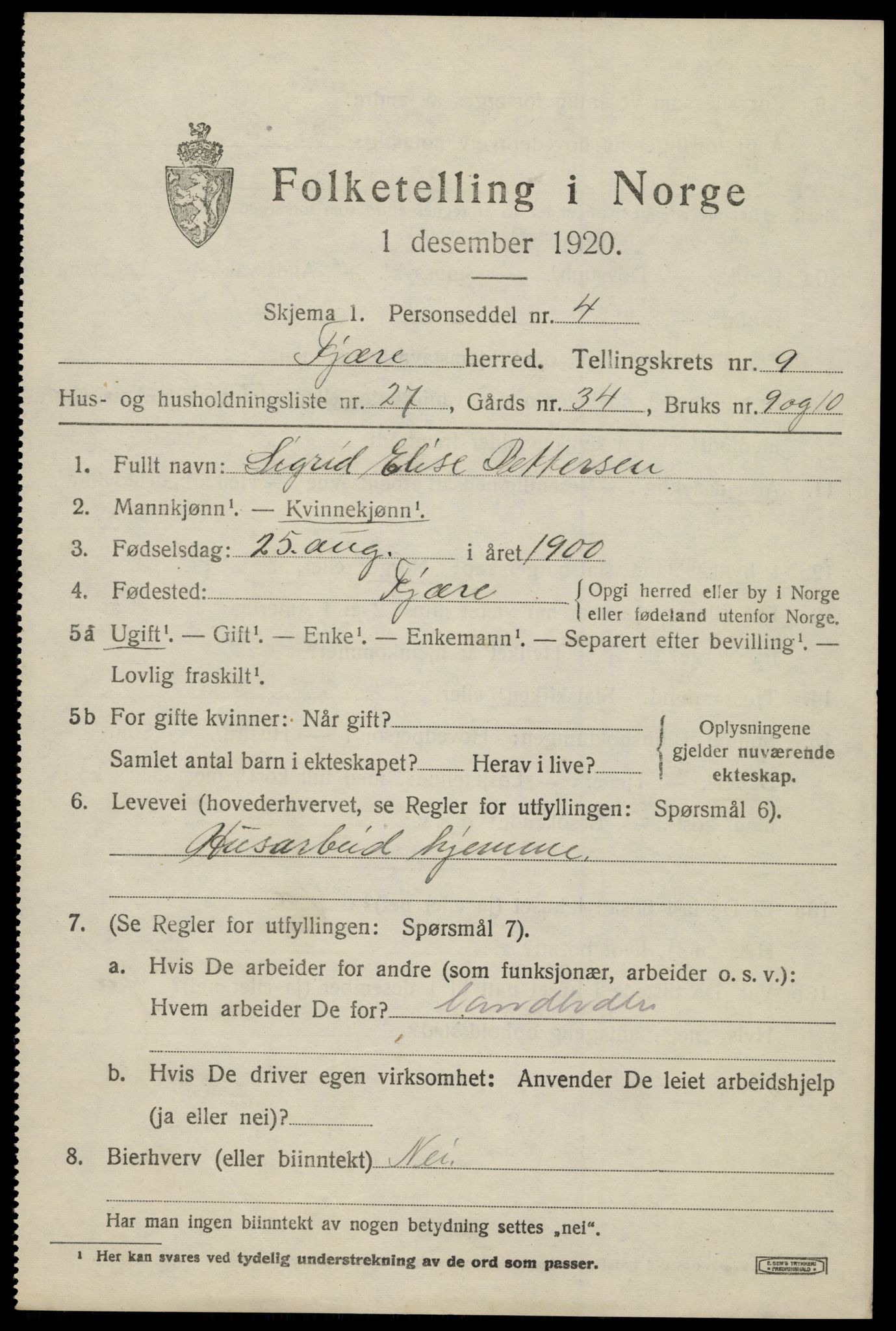 SAK, 1920 census for Fjære, 1920, p. 11383