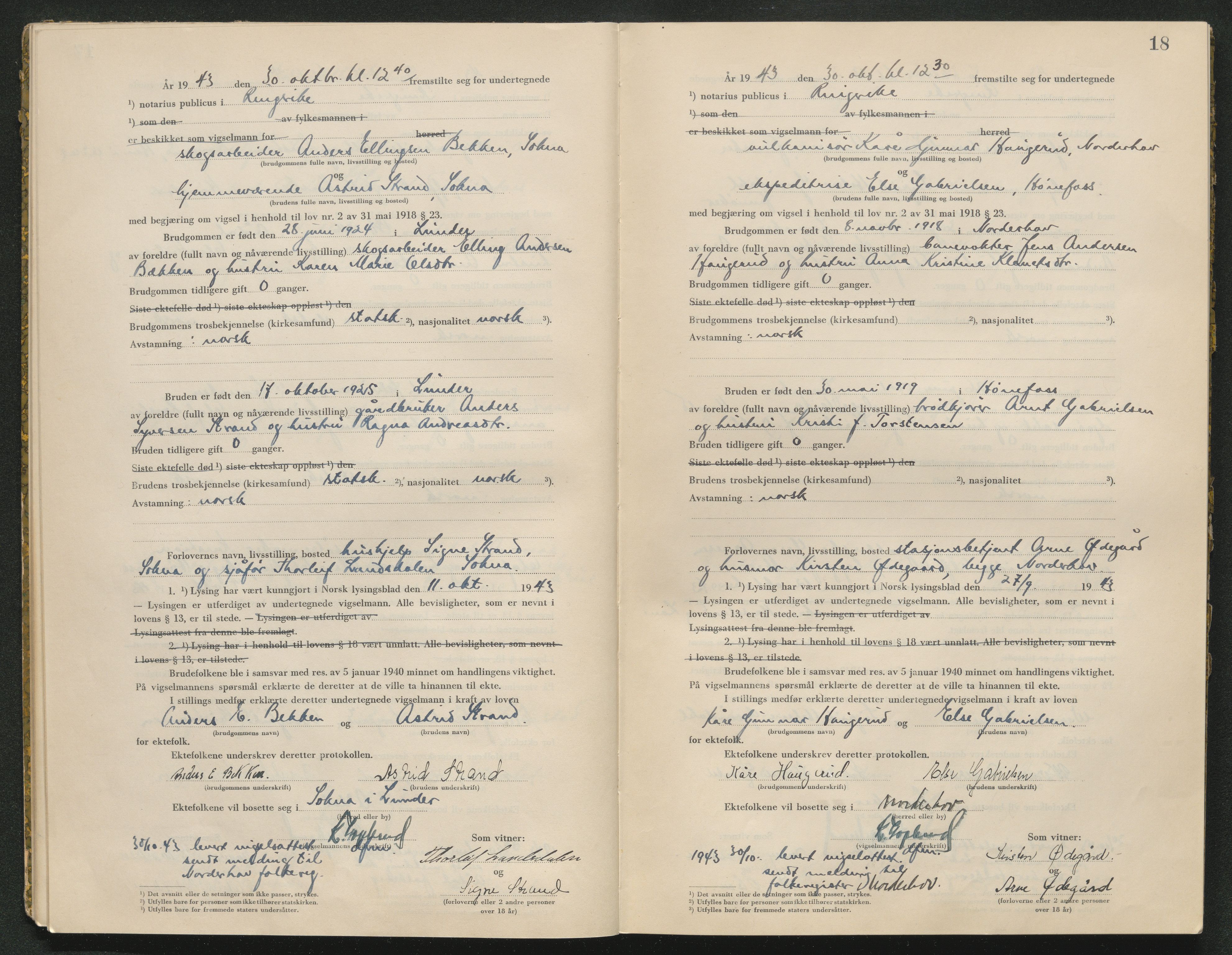 Ringerike sorenskriveri, AV/SAKO-A-105/L/Lc/L0003: Vigselsbok, 1943-1944, p. 18