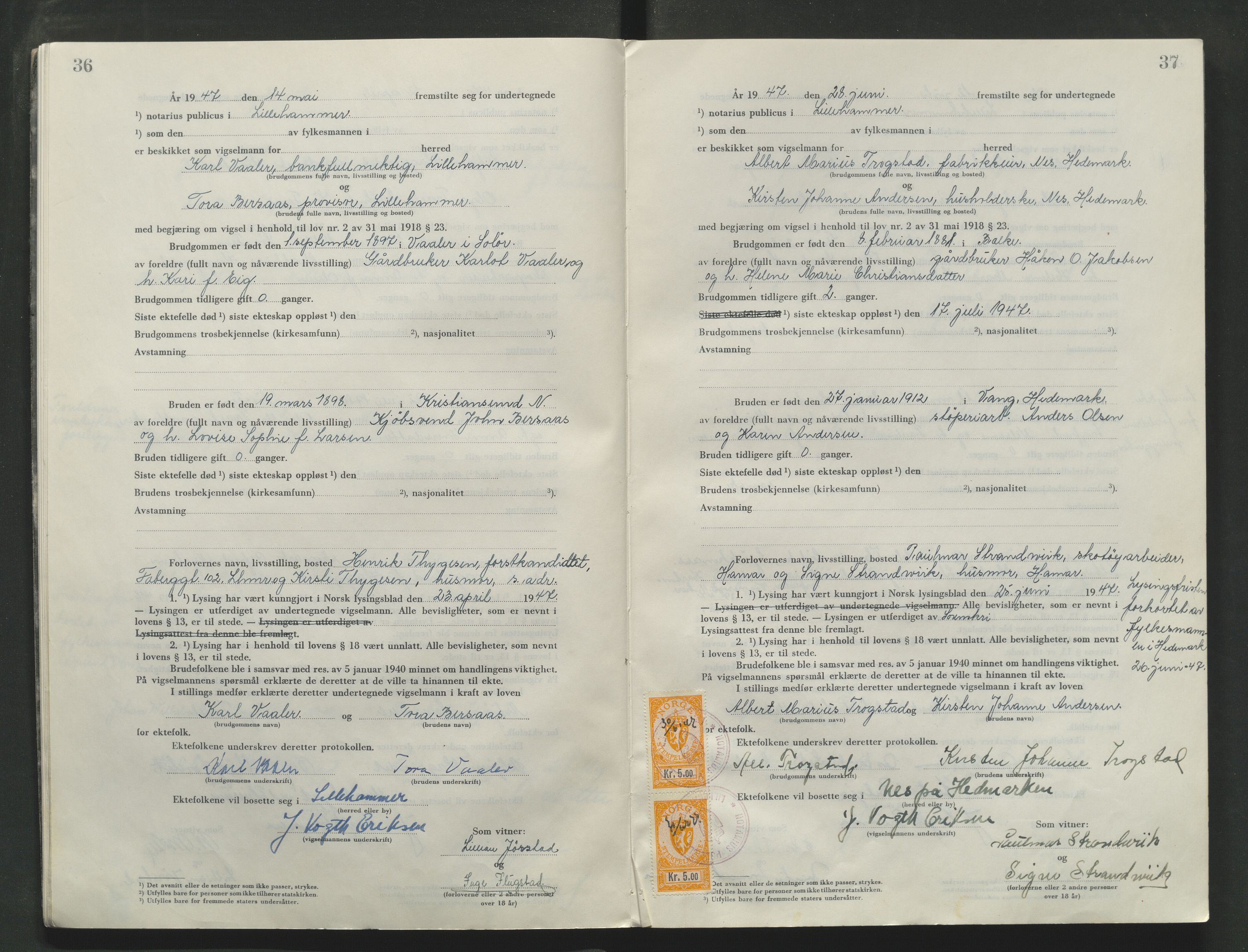 Sør-Gudbrandsdal tingrett, AV/SAH-TING-004/L/Lc/L0006: Vigselsprotokoll, 1946-1954, p. 36-37
