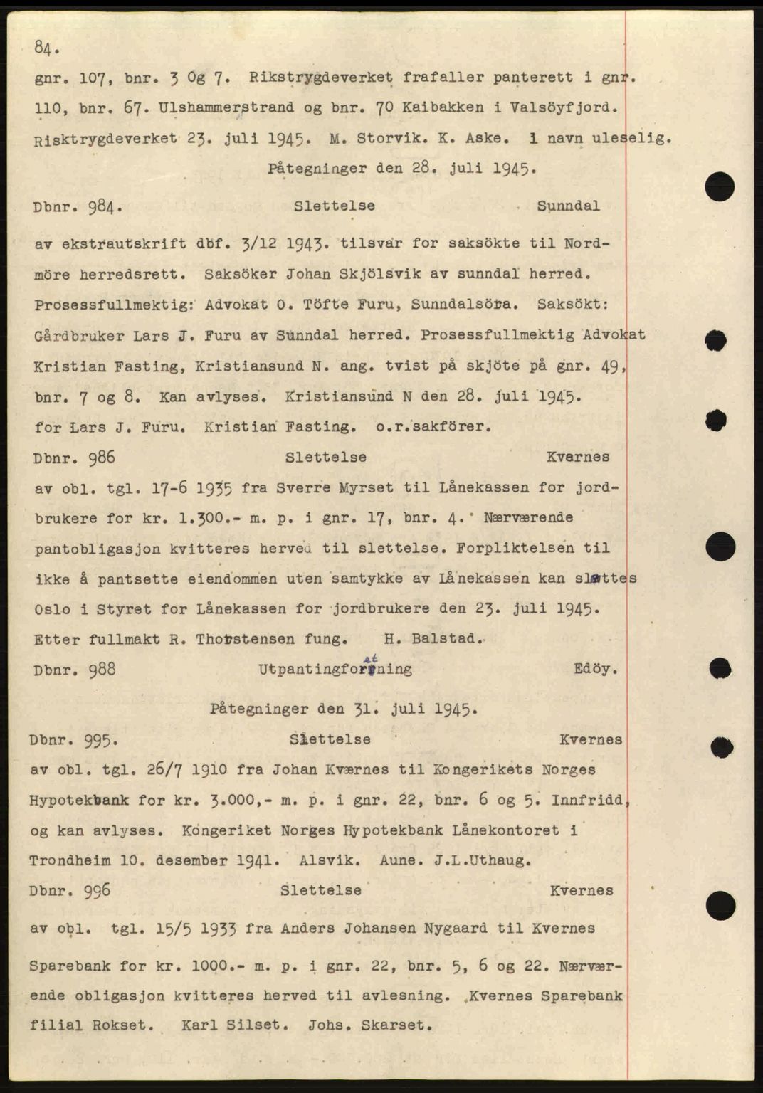 Nordmøre sorenskriveri, AV/SAT-A-4132/1/2/2Ca: Mortgage book no. C82a, 1945-1946, Diary no: : 984/1945