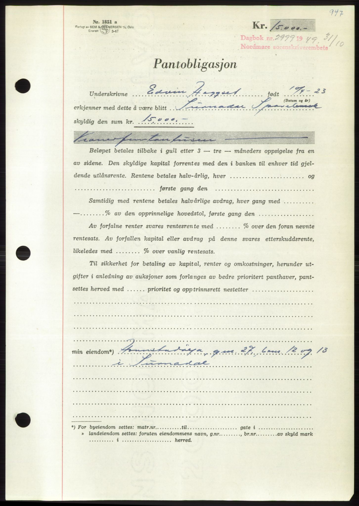 Nordmøre sorenskriveri, AV/SAT-A-4132/1/2/2Ca: Mortgage book no. B102, 1949-1949, Diary no: : 2999/1949