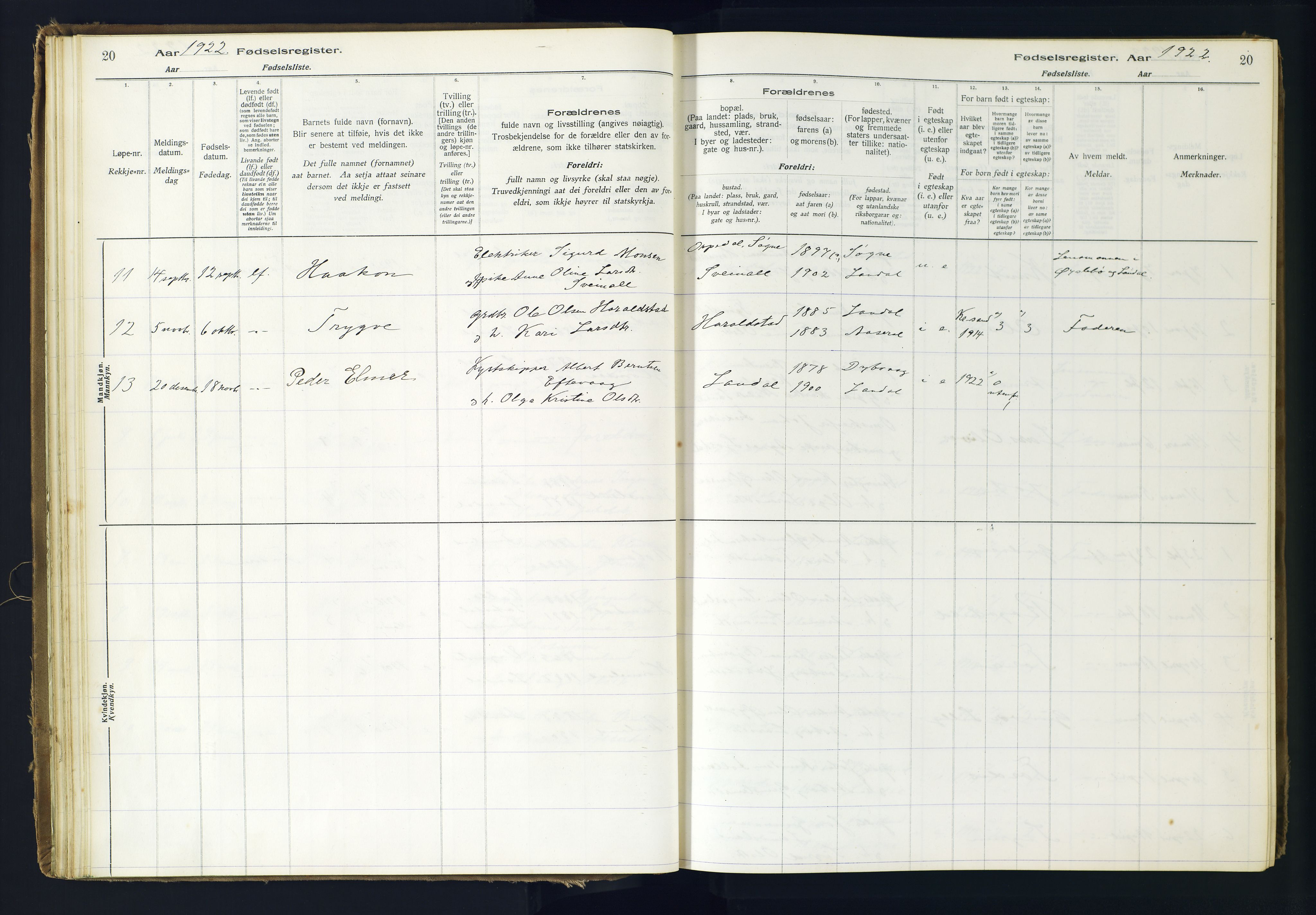 Holum sokneprestkontor, AV/SAK-1111-0022/J/Ja/L0001: Birth register no. II.6.10, 1916-1982, p. 20