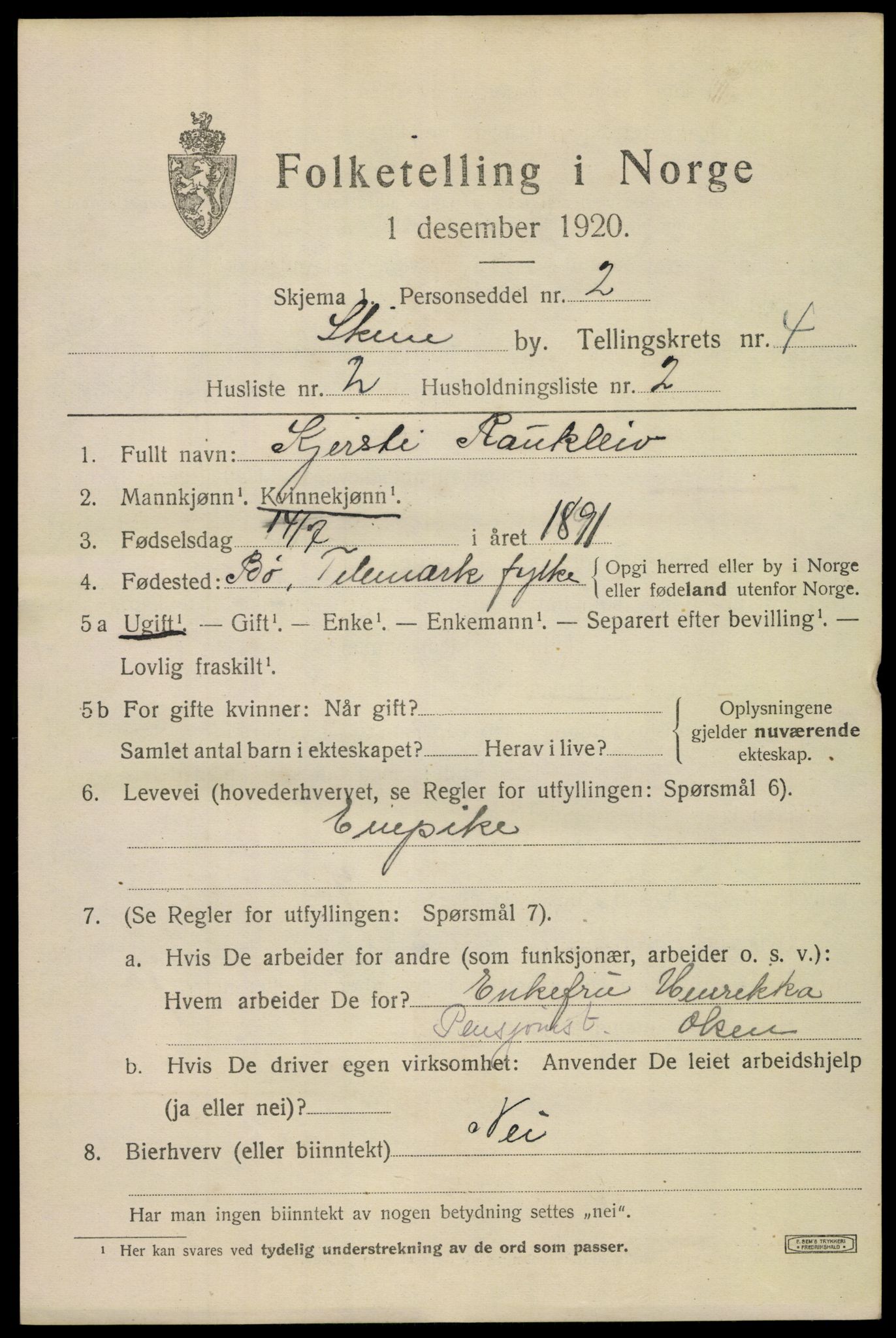 SAKO, 1920 census for Skien, 1920, p. 16838