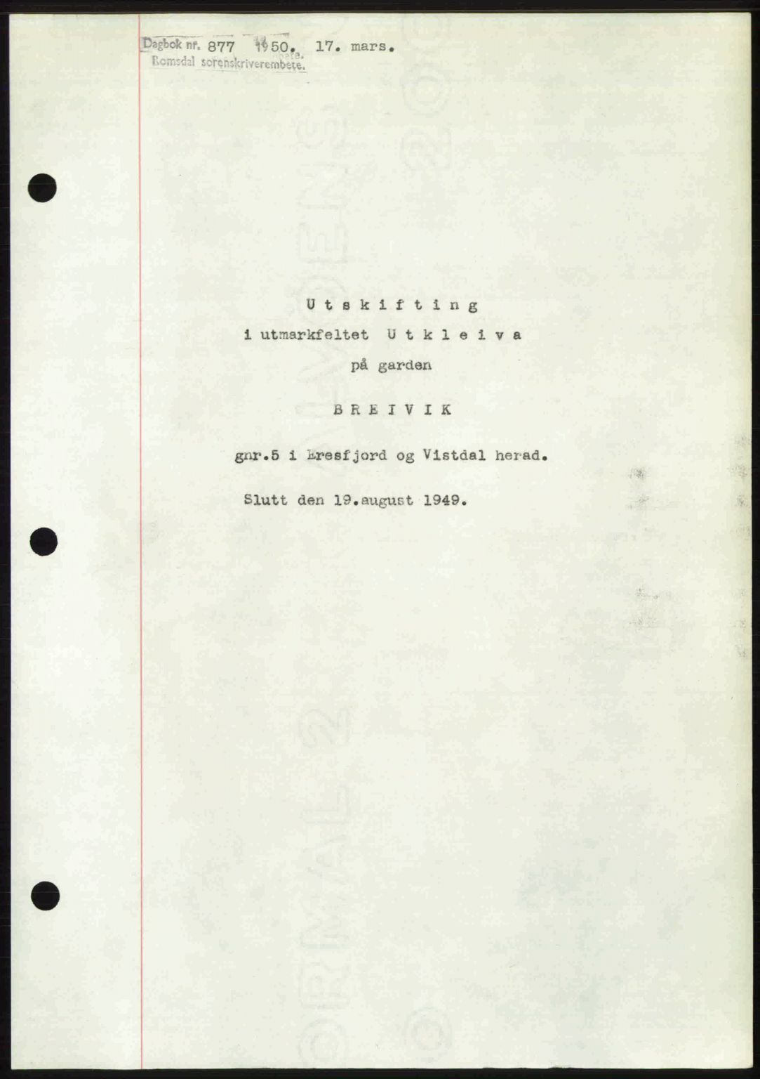 Romsdal sorenskriveri, AV/SAT-A-4149/1/2/2C: Mortgage book no. A32, 1950-1950, Diary no: : 877/1950