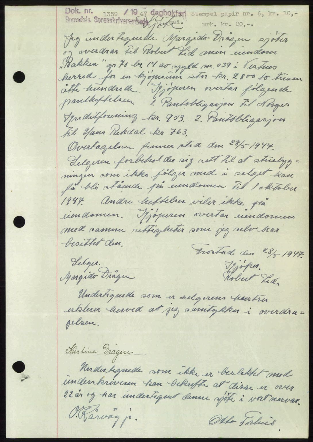 Romsdal sorenskriveri, AV/SAT-A-4149/1/2/2C: Mortgage book no. A23, 1947-1947, Diary no: : 1359/1947