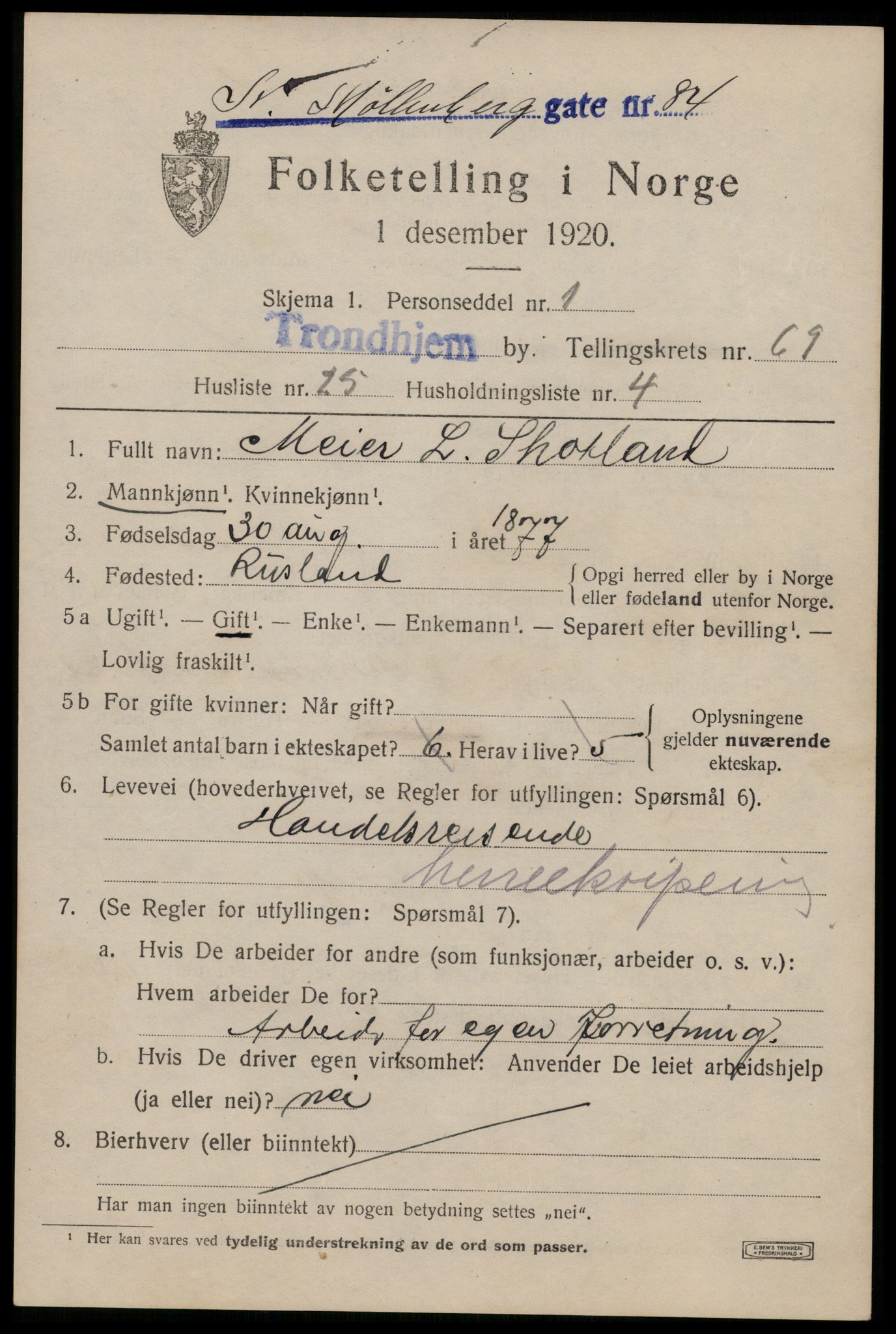 SAT, 1920 census for Trondheim, 1920, p. 134640