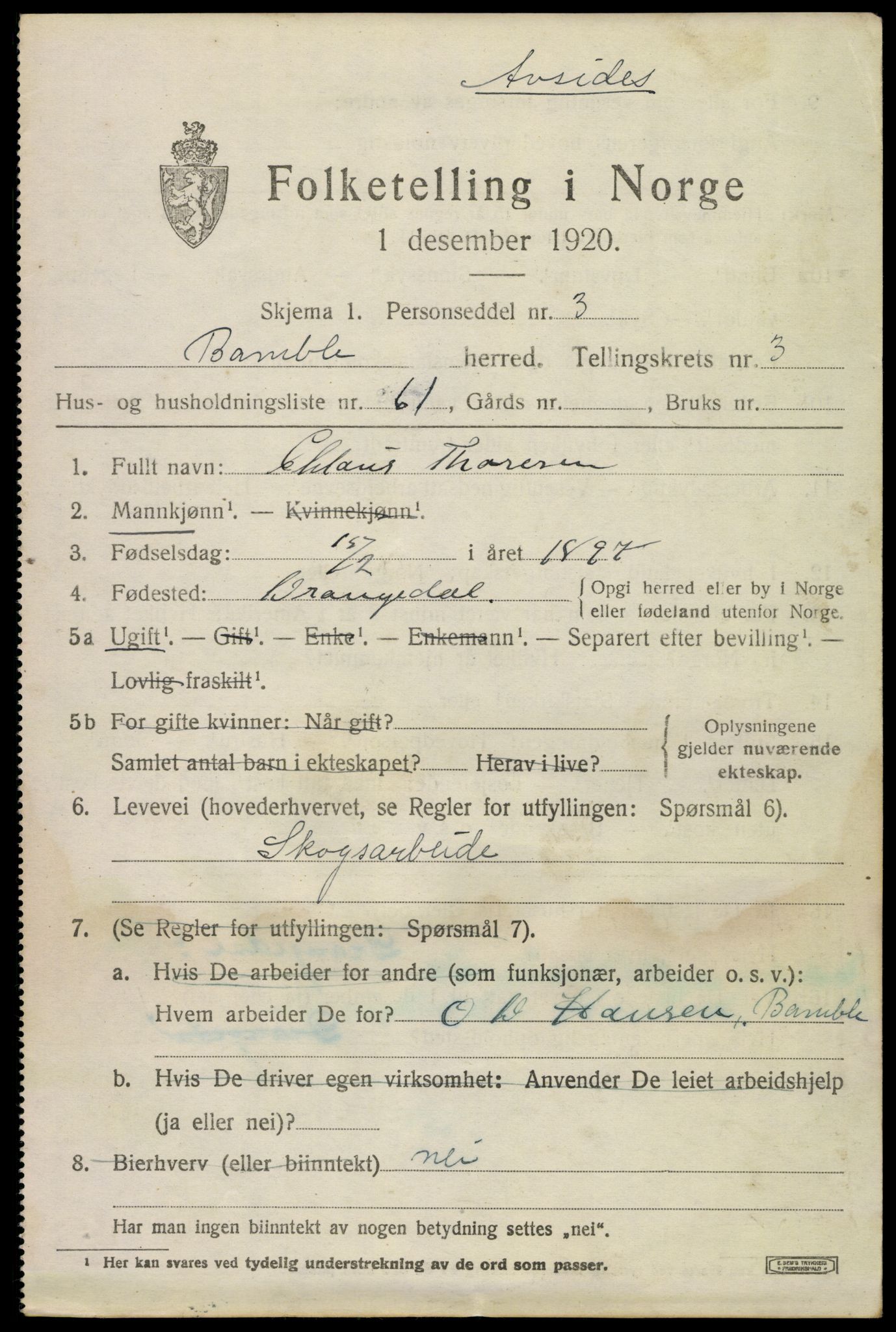 SAKO, 1920 census for Bamble, 1920, p. 4445