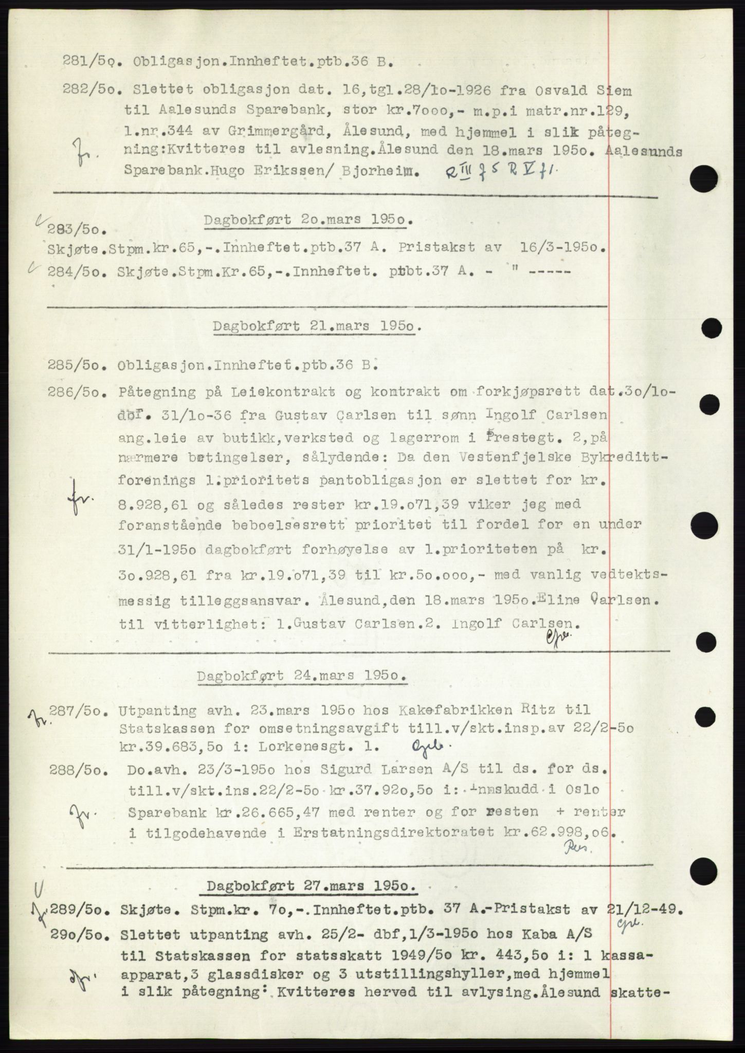 Ålesund byfogd, AV/SAT-A-4384: Mortgage book no. C34-35, 1946-1950, Diary no: : 281/1950