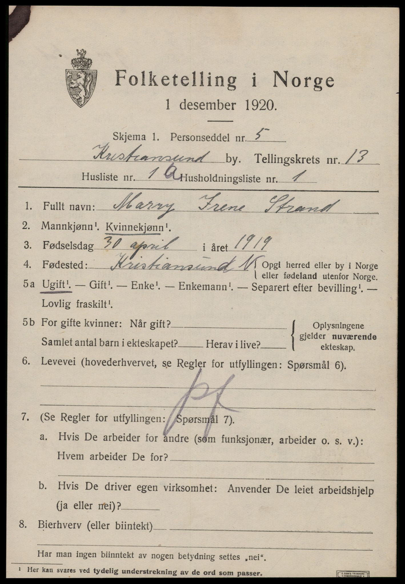 SAT, 1920 census for Kristiansund, 1920, p. 26437