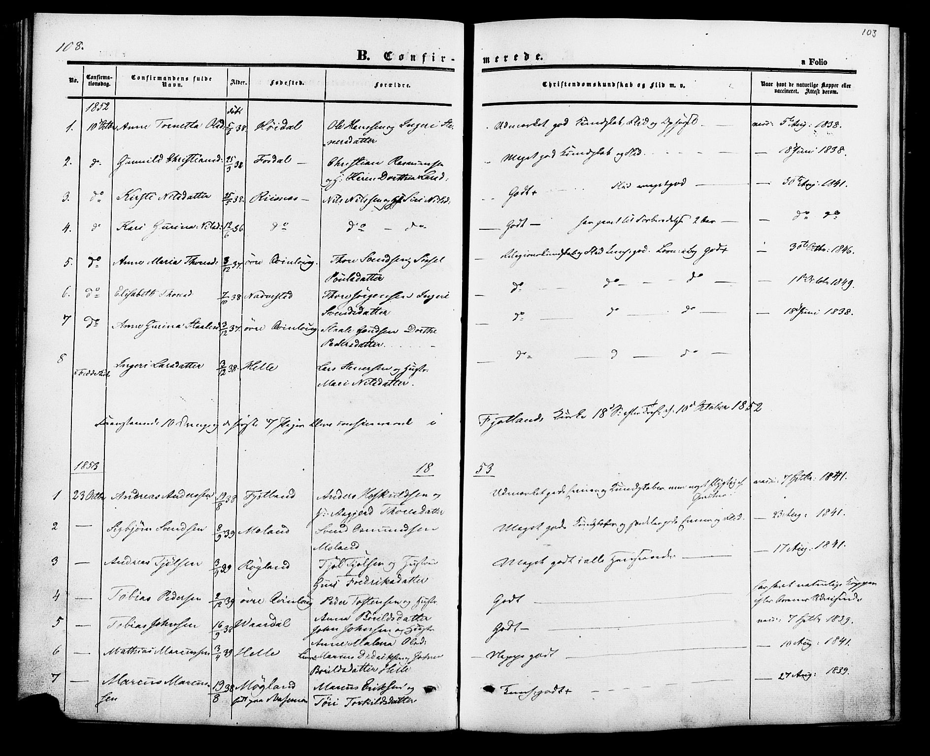 Fjotland sokneprestkontor, AV/SAK-1111-0010/F/Fa/L0001: Parish register (official) no. A 1, 1850-1879, p. 103